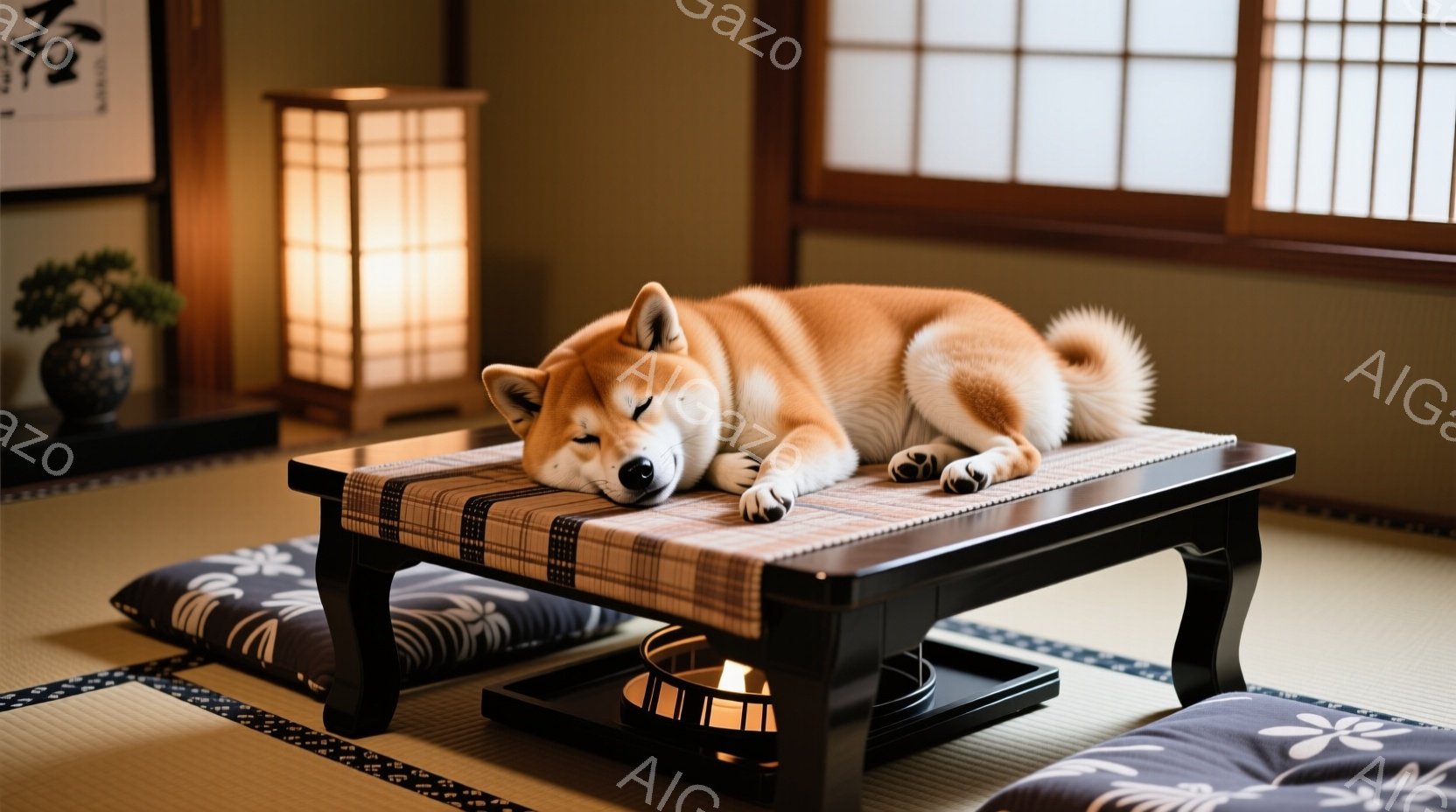 畳の上に低めの座卓が置かれ、その上に柴犬が横たわって眠っています。犬は白と茶色の足で、リラックスした表情で目を閉じています。背景には座卓の横に置かれたクッションと、障子から差し込む穏やかな光があり、温 - AI生成フリー素材
