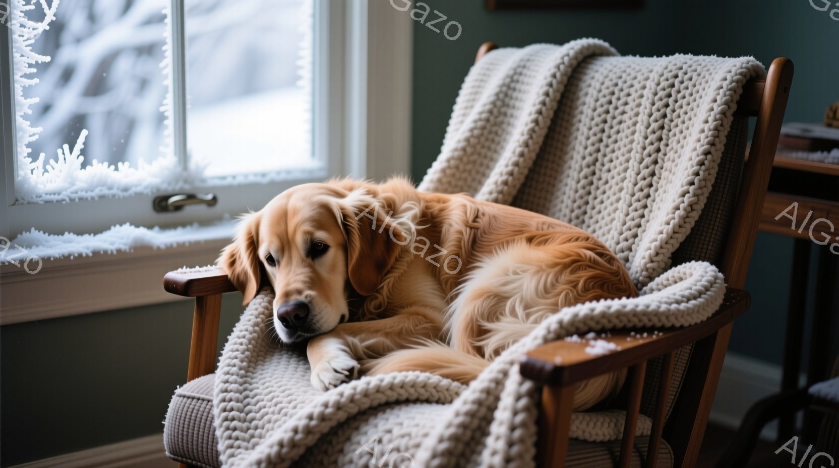 窓の外は雪景色で、室内には暖かい雰囲気の椅子にゴールデンレトリバーがゆったりと横たわっています。犬はリラックスした表情で、分厚い手編みの毛布に体を預け、安らぎを感じている様子です。暖炉と木製の家具が視 - AI生成フリー素材
