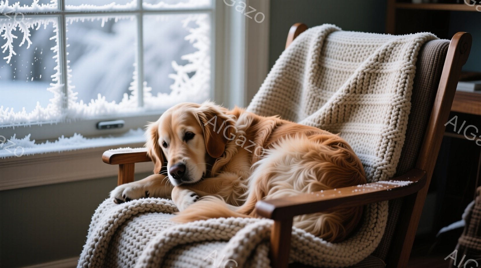 暖炉のそばの椅子に、金色の毛並みの大型犬が横たわっています。窓には霜が降りており、外は雪景色であることがわかります。犬はリラックスした表情で、安らかな雰囲気が漂っています。 - AI生成フリー素材