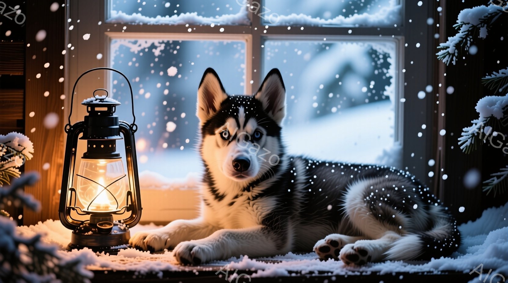 雪が降る窓辺に、美しいシベリアンハスキーが横たわっています。暖色の灯りが灯ったランタンがハスキーの傍らに置かれ、雪景色に温かさを添えています。雪が降り積もる静かな冬の風景が、落ち着いた穏やかな雰囲気を - AI生成フリー素材