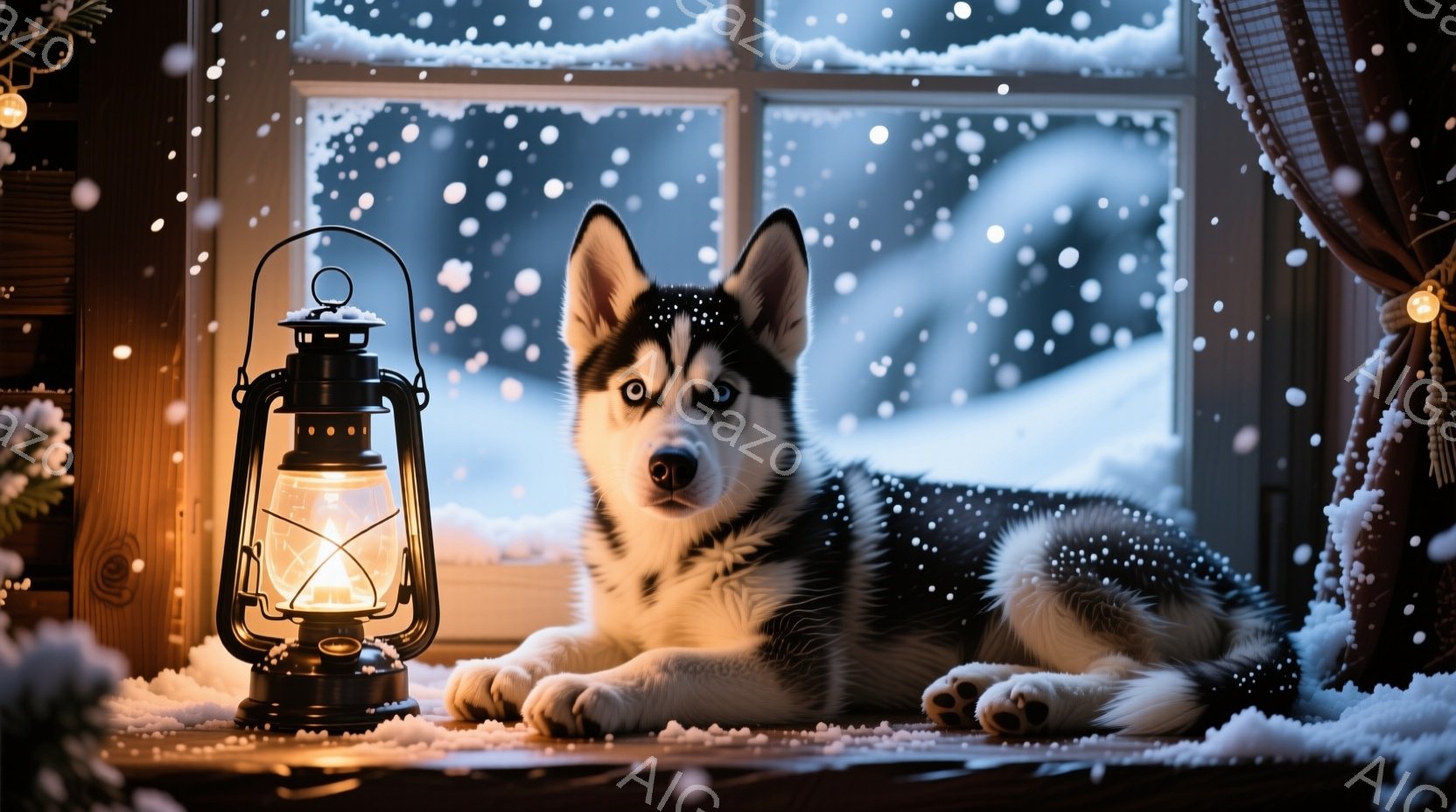 雪が降り積もる窓辺に、黒と白のハスキーの子犬が横たわっています。暖かく光るランタンが子犬の傍らに置かれ、室内は温かい雰囲気で満たされています。背景には雪景色が広がり、子犬の青い瞳と雪の白さがコントラス - AI生成フリー素材