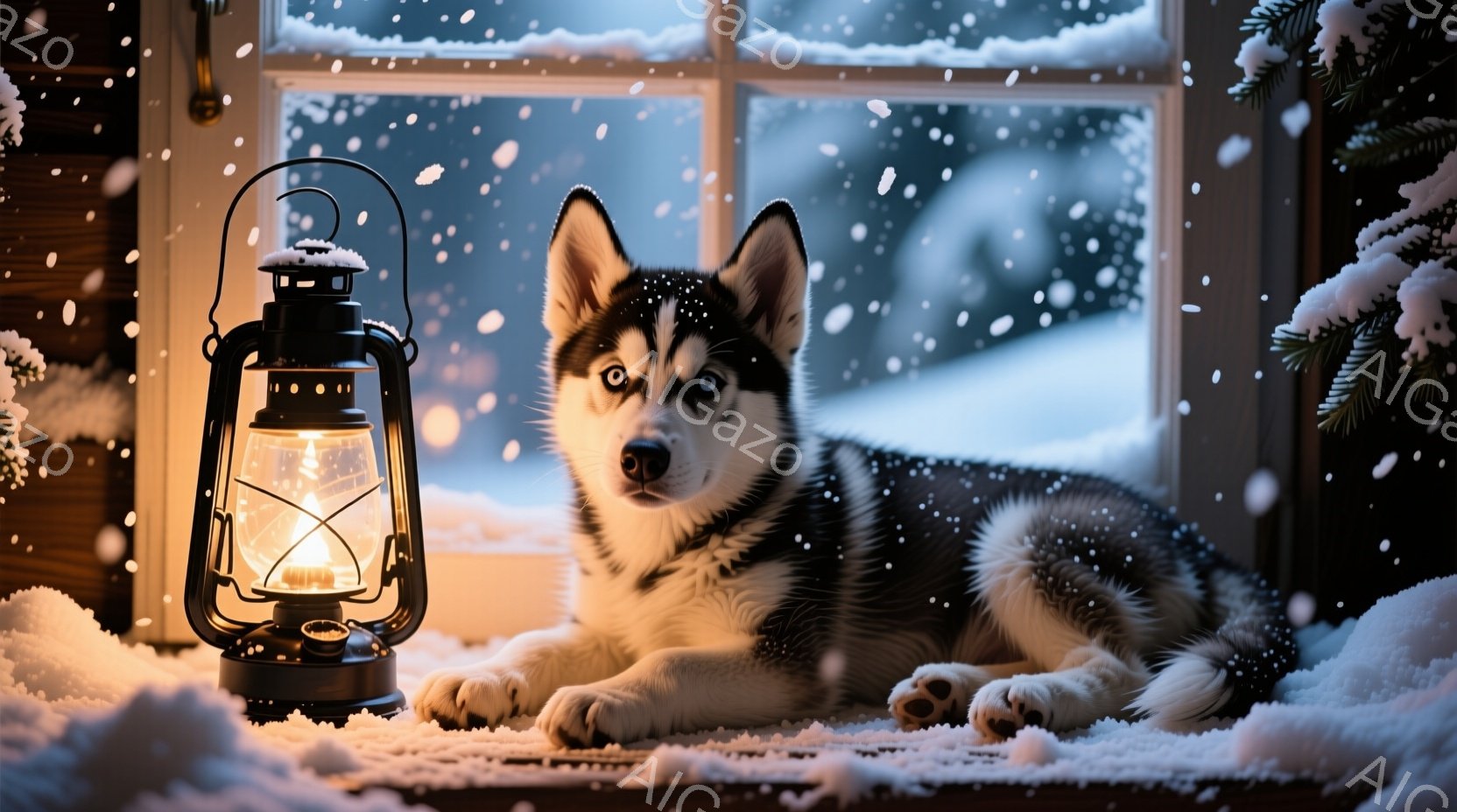 シベリアンハスキーの子犬が雪の降る窓辺で横たわっています。暖かく光るランタンが隣に置かれ、子犬の青い瞳を照らしています。背景には雪景色が広がり、窓枠には雪が積もり、冬の穏やかで温かい雰囲気を醸し出して - AI生成フリー素材