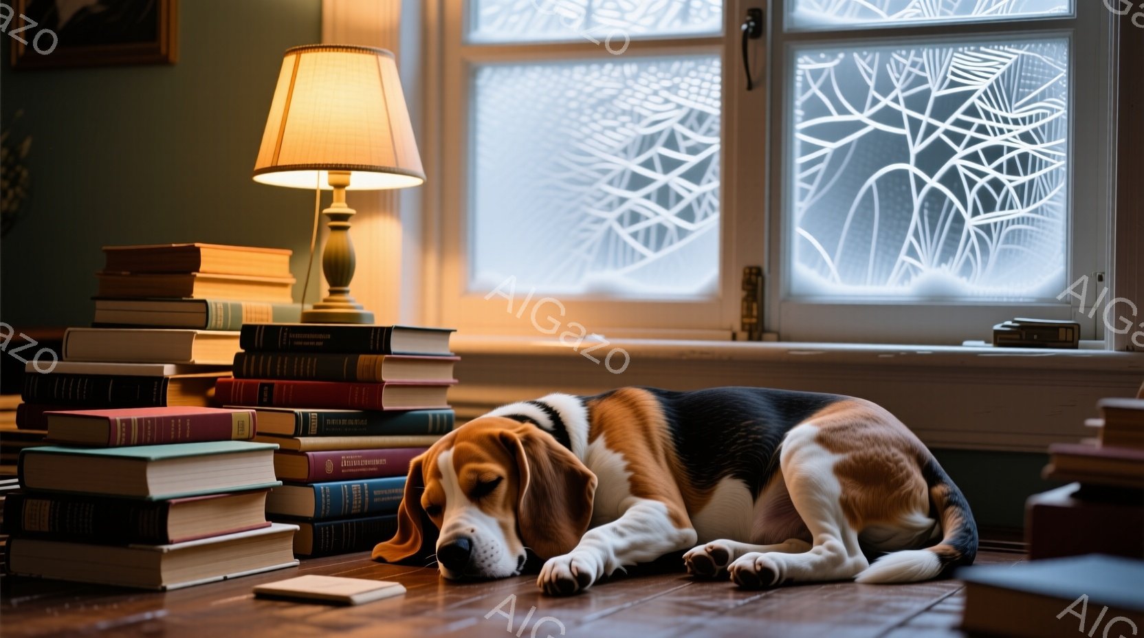茶色の床の上に本が積み上げられ、その前にビーグル犬が横たわっています。窓からは雪のような模様が見え、部屋は暖かく穏やかな雰囲気です。犬は目を閉じ、リラックスした様子で、静かな読書空間の一角を占めている - AI生成フリー素材
