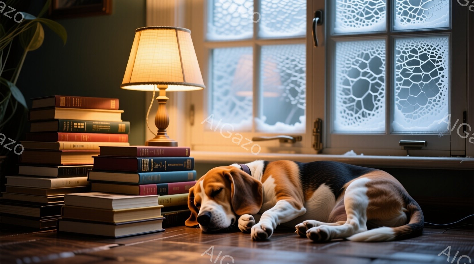 温かい光に照らされた室内で、ビーグル犬が床に横たわって眠っています。積み重ねられた本の山と、レースのカーテン越しに見える外の景色が背景にあり、落ち着いた雰囲気を醸し出しています。犬はリラックスした姿勢 - AI生成フリー素材