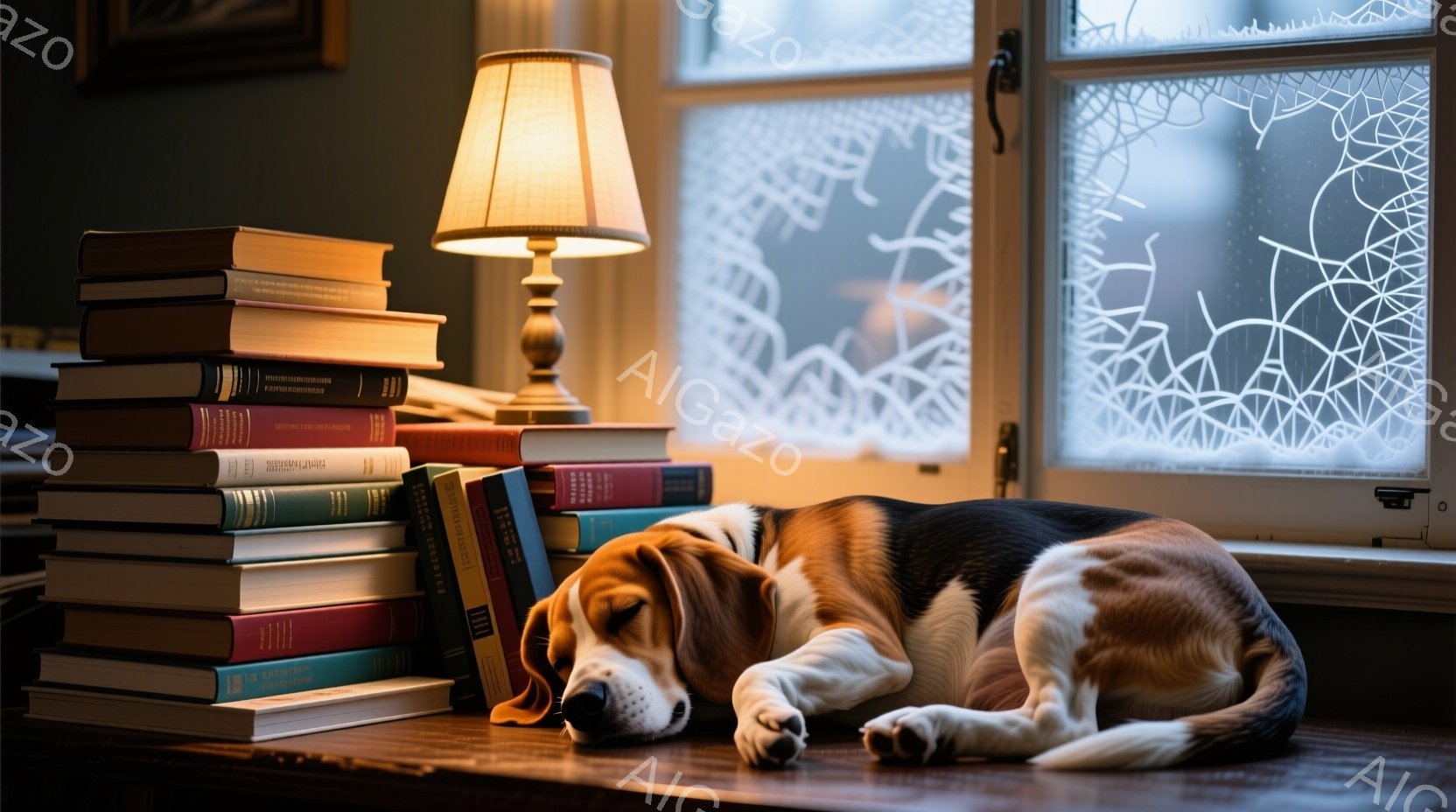 ビーグル犬が積み重ねられた本のそばで、ゆったりと横たわっています。窓には霜が降りており、部屋は落ち着いた暖色系の光で満たされています。本のタワーと犬の安らかな姿勢が、静かで穏やかな雰囲気を醸し出してい - AI生成フリー素材