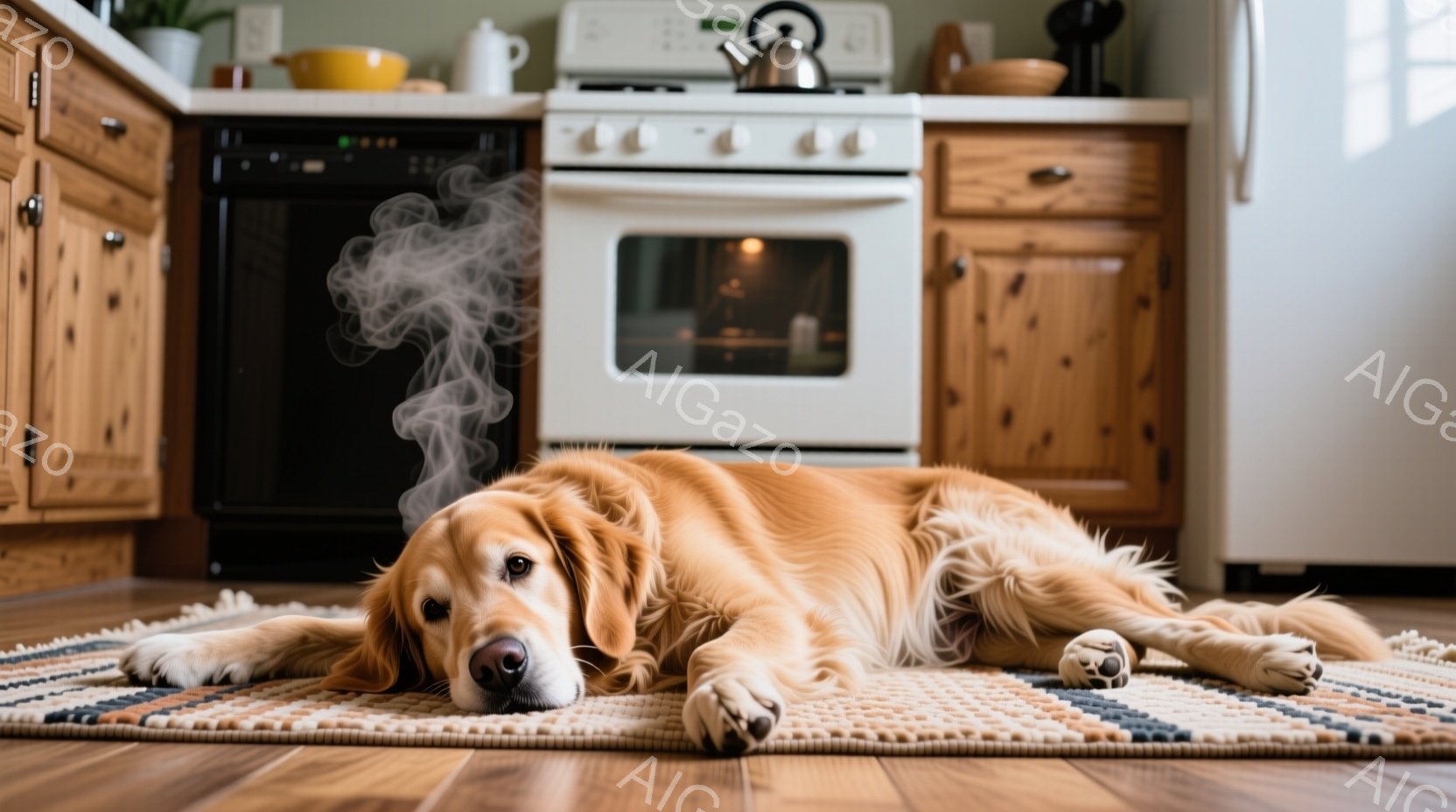 明るいキッチンで、ゴールデンレトリバーが絨毯の上で横たわっている様子が写っている。犬はリラックスした表情で、わずかに顔を上げ、カメラを見ている。背景には、クリーム色のキャビネットとステンレス製の冷蔵庫 - AI生成フリー素材