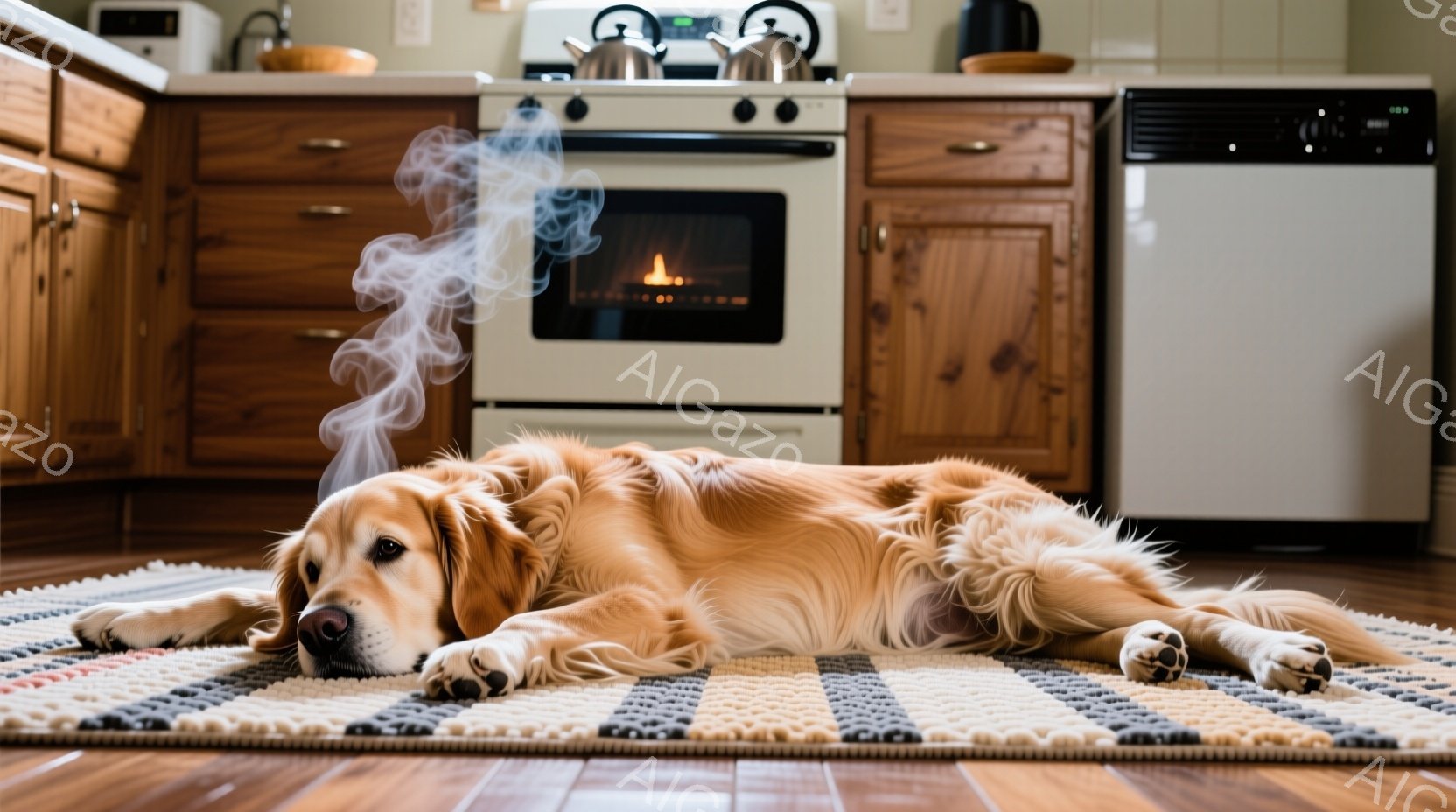 明るいキッチンフロアに、ゴールデンレトリバーが横たわっています。犬はリラックスした様子で、まるでオーブンから立ち上る熱気を感じているかのように、うつむき加減に目を細めています。背景には、木製のキャビネットとステンレス製の家電があり、暖かく家庭的な雰囲気を醸し出しています。