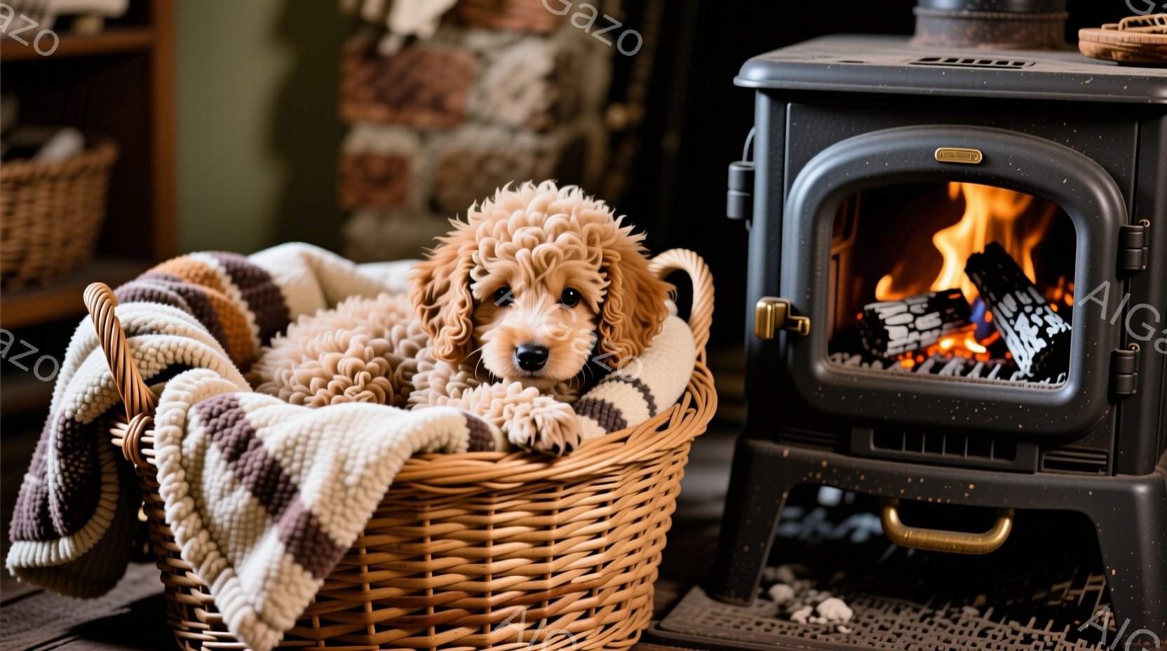 柔らかい毛並みのクリーム色のトイプードルが、編み物のブランケットに包まれた籐のバスケットの中で丸まって眠っています。背景には、暖炉から炎が立ち上り、部屋全体を温かい光で満たしています。この画像は、リラックスした、居心地の良い雰囲気で、冬の暖炉の傍での休息を表しています。
