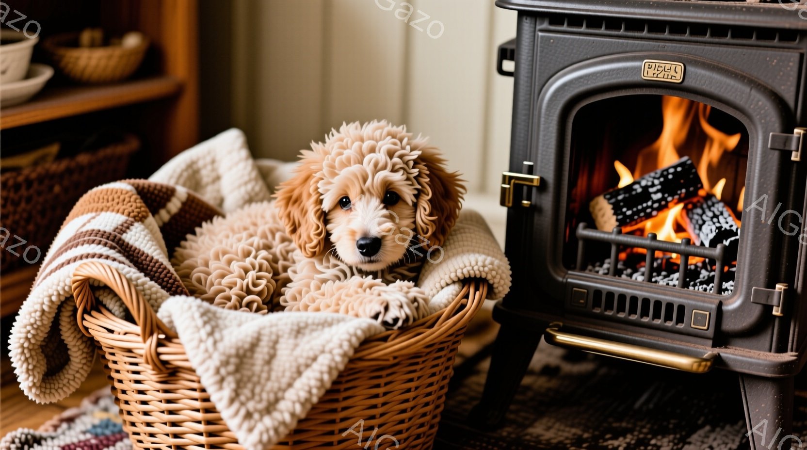 ふわふわのクリーム色の巻き毛の犬が、編み込まれたバスケットの中に丸まって眠っています。背景には、暖炉があり、炎が燃えており、部屋全体が温かい雰囲気に包まれています。暖炉のそばには、可愛らしいティーカッ - AI生成フリー素材
