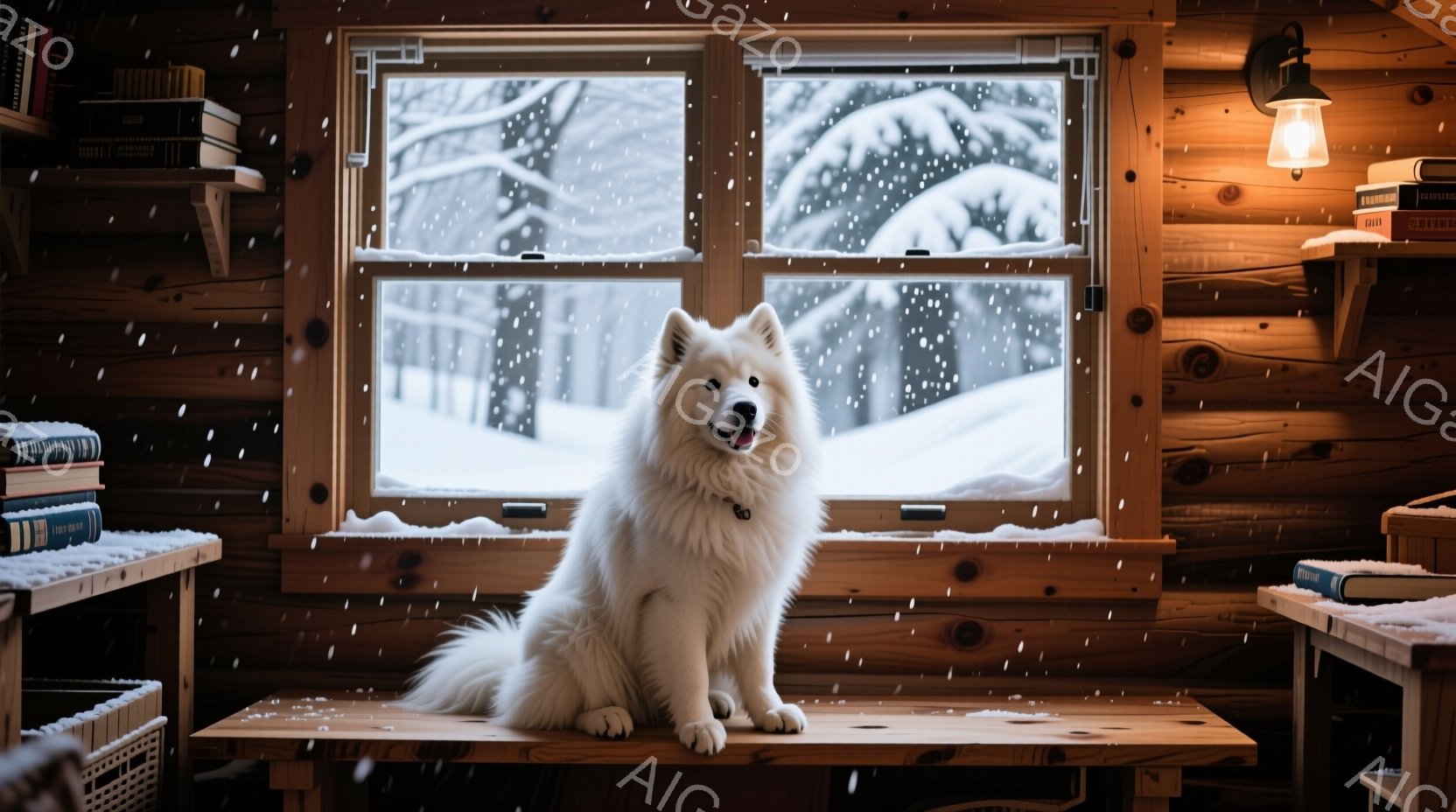 白い牧羊犬が、窓のそばの木の棚の上に座って正面を見ています。背景には雪景色が広がり、窓の外は雪が降っています。室内は木の壁と本棚で飾られ、暖かく居心地の良い雰囲気です。