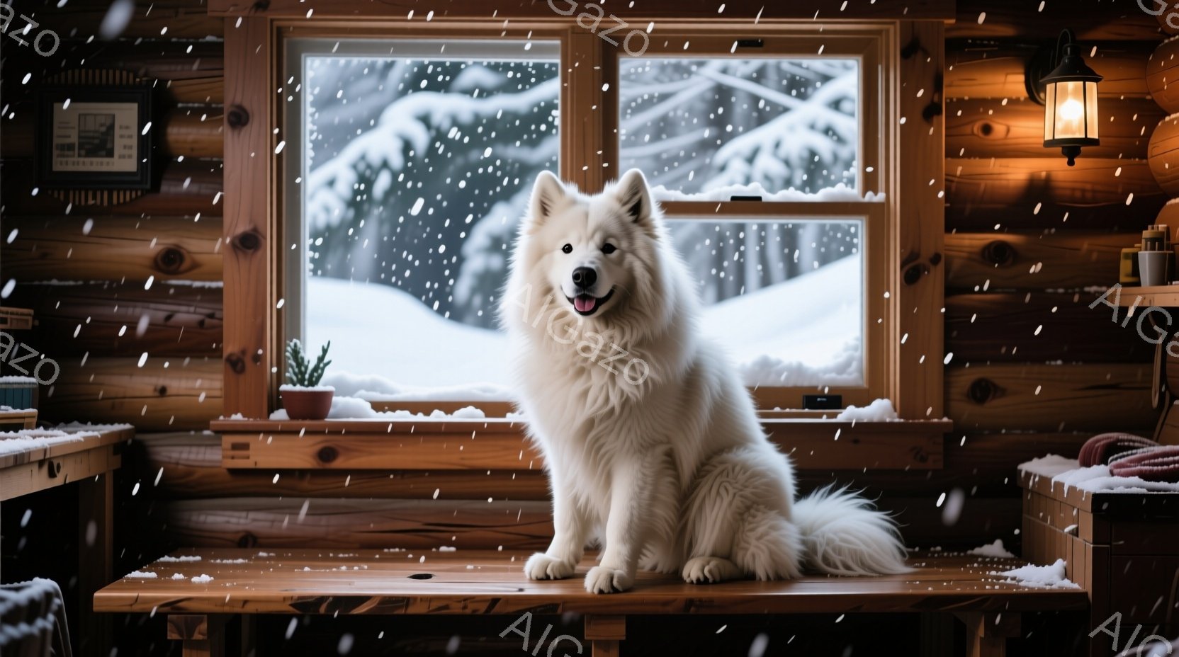 白い毛並みの大きな犬が、木のカウンターの上に座って正面を見つめています。背景には雪景色が広がる窓があり、室内は木製の壁と家具で暖かく、落ち着いた雰囲気です。室内には植物やランプが飾られ、雪の積もる自然と調和した、冬の静けさを感じさせる光景です。
