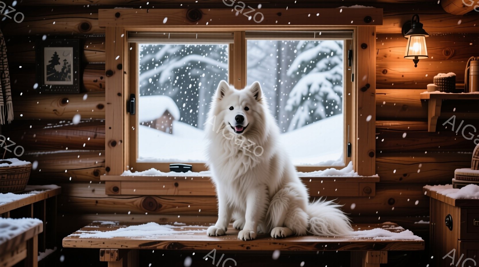 白い牧羊犬が、窓のそばの木の台に座ってこちらを見ています。背景には雪景色が広がり、木の壁と家具で飾られた暖かい室内とのコントラストが印象的です。全体的に、静かで穏やかな冬の雰囲気が漂っています。 - AI生成フリー素材