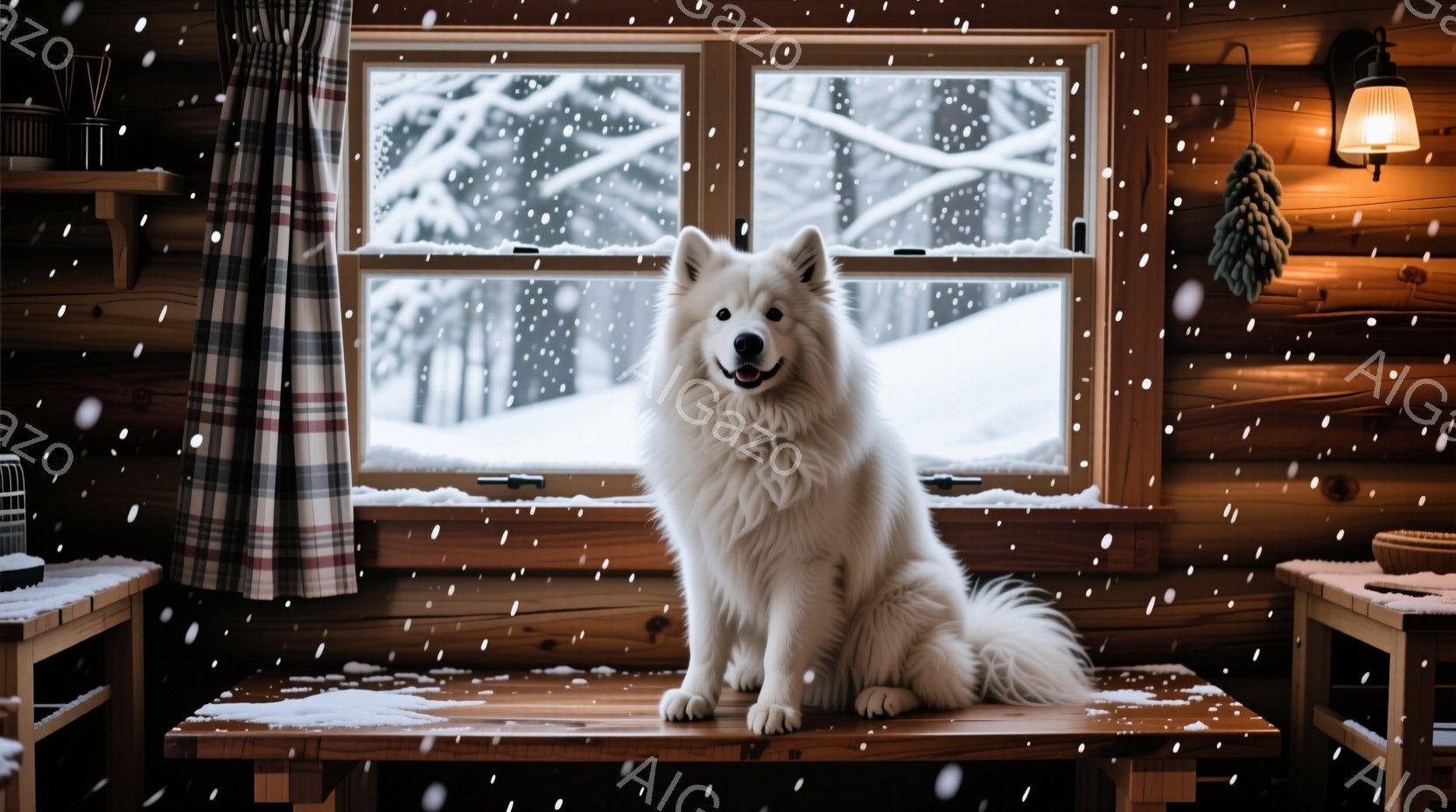 白い牧羊犬が、窓辺の木の台に座ってこちらを見ています。窓の外は雪景色で、暖炉のような照明が室内に柔らかい光を投げかけ、居心地の良い冬の雰囲気を醸し出しています。木の壁とチェック柄のカーテンが、この温かい情景をさらに引き立てています。