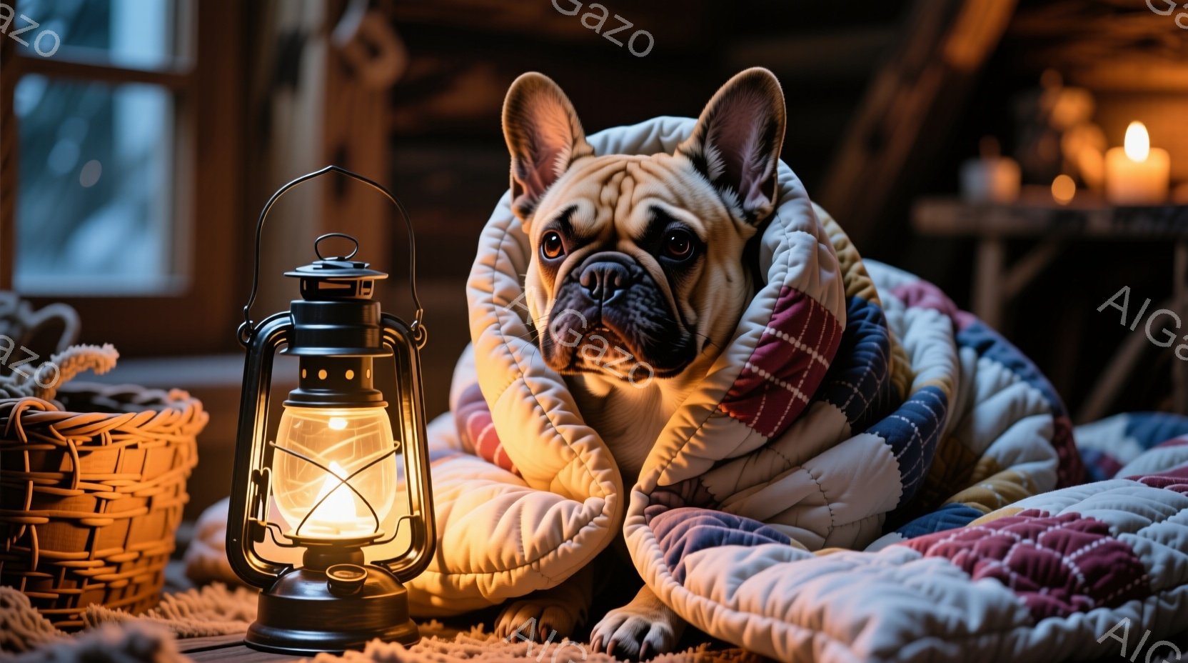 クリーム色のフレンチブルドッグが、パッチワークキルトのような毛布にくるまって横たわっています。その表情はどこか憂いを帯びており、暖炉の光と提灯の温かい光に照らされています。背景には籐のバスケットや暖炉 - AI生成フリー素材