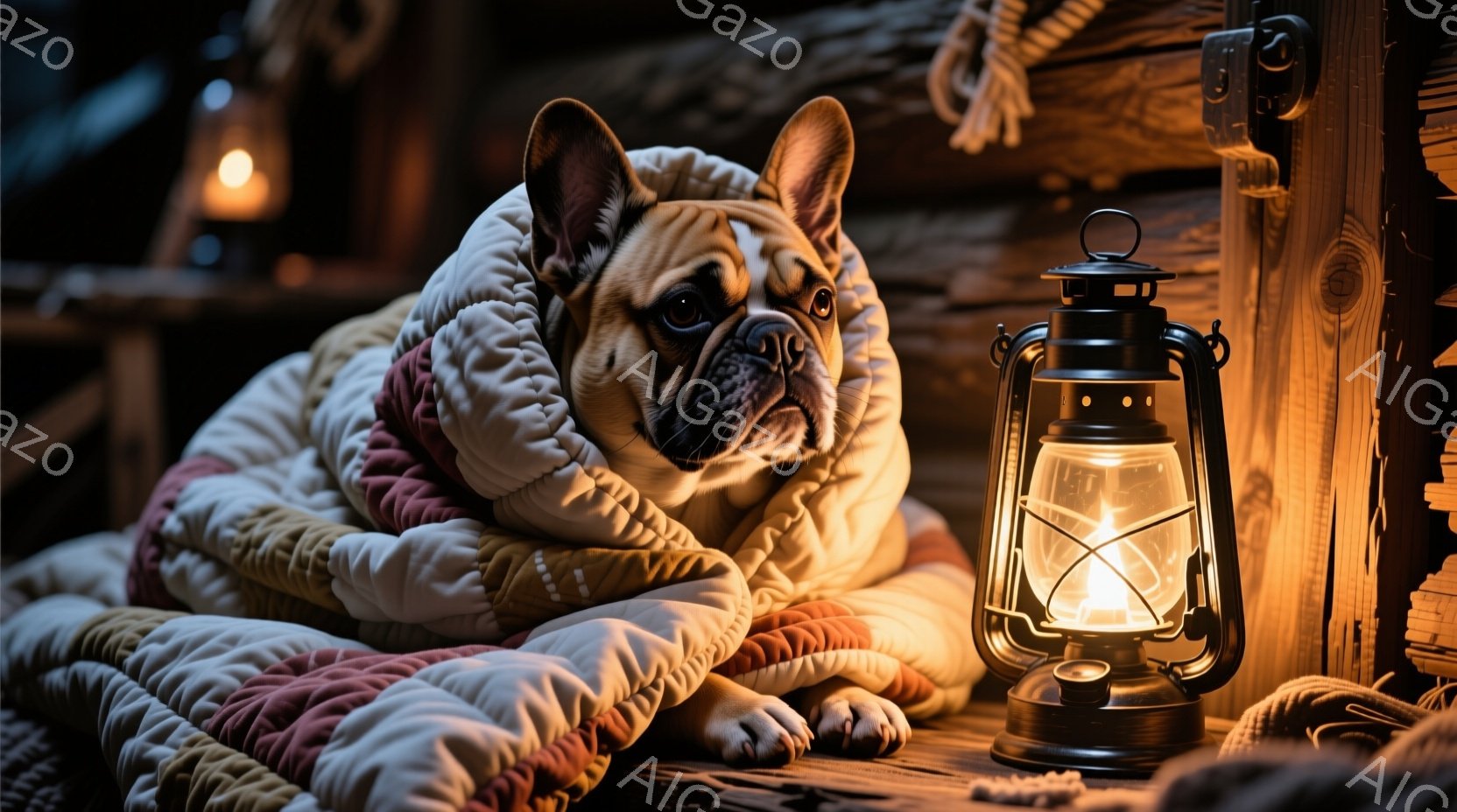 暖炉のような木製の背景に、クリーム色のキルティングブランケットに包まれたフレンチブルドッグが横たわっています。犬は少し憂いを含んだ表情で、リラックスした姿勢でカメラを見つめています。テーブルの上には点 - AI生成フリー素材