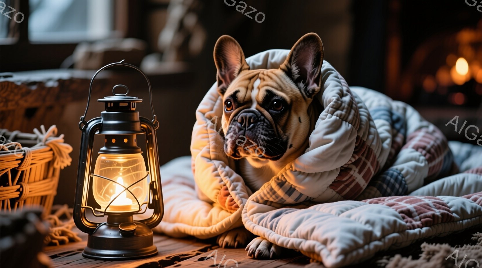 暖炉のそばで、チェック柄のブランケットに包まれたフレンチブルドッグがリラックスして横たわっています。その表情は穏やかで、どこか物憂げな様子です。背景には籐の籠と暖炉の火が見え、温かく居心地の良い雰囲気 - AI生成フリー素材