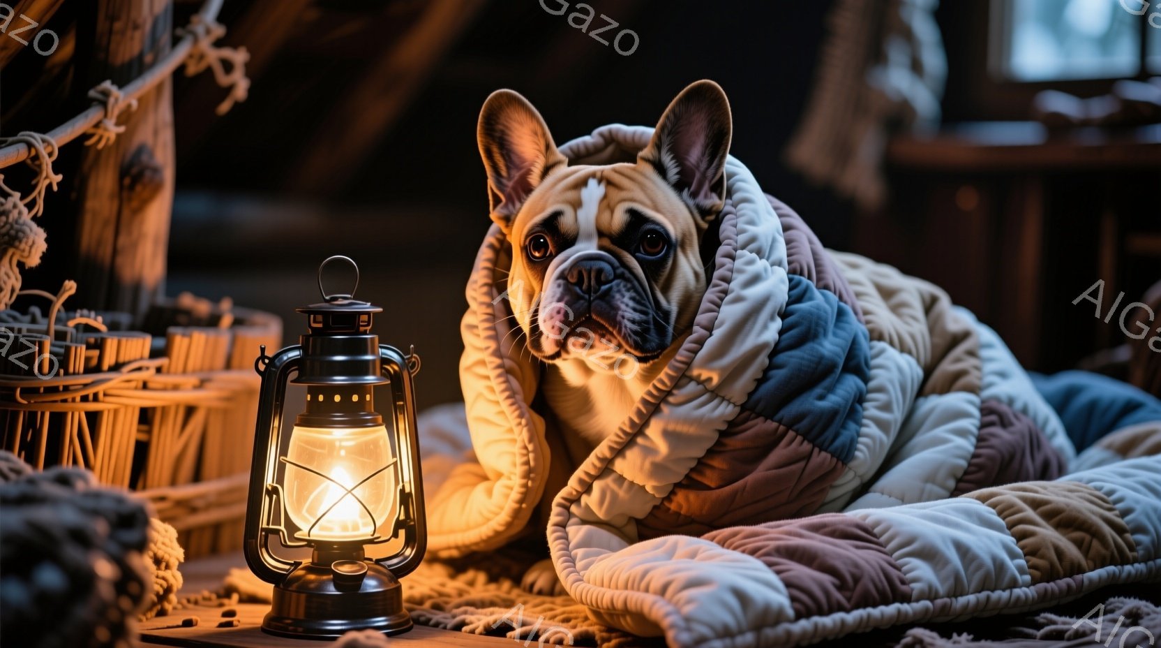 暖炉のそばで毛布にくるまれたブルドッグが、リラックスした表情でこちらを見ています。背景には籐製のカゴと、ほのかな光を放つランタンがあり、部屋全体が温かく落ち着いた雰囲気に包まれています。毛布の淡いピンクやベージュの色合いが、居心地の良い空間を強調しています。