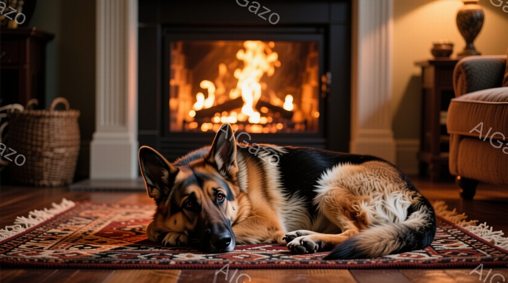 暖炉の前に敷かれた敷物の上で、ジャーマンシェパードがリラックスして横たわっています。犬は茶色と黒の毛並みで、憂いを帯びた表情でカメラを見つめています。背景には、暖炉の炎が暖かく輝き、落ち着いたリビング - AI生成フリー素材