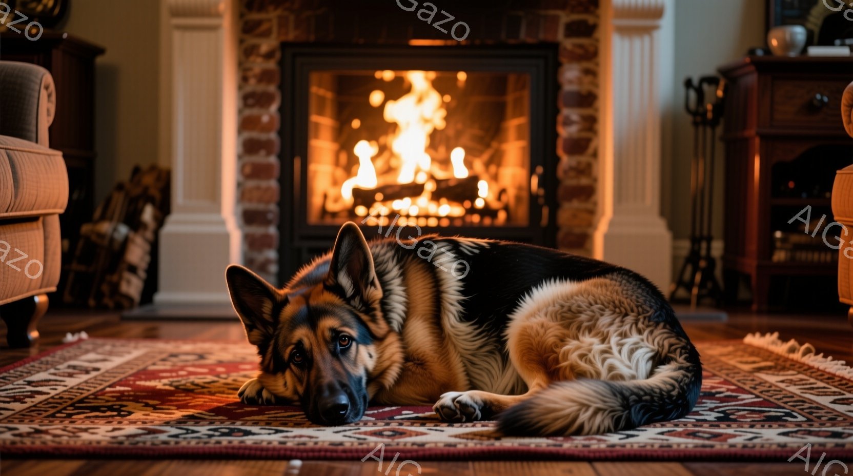暖炉の前で、ジャーマンシェパードが赤い絨毯の上で横たわっています。犬はリラックスした姿勢で、わずかに顔を上げてカメラを見つめており、穏やかな表情をしています。背景には木製の暖炉と家具があり、部屋全体が - AI生成フリー素材