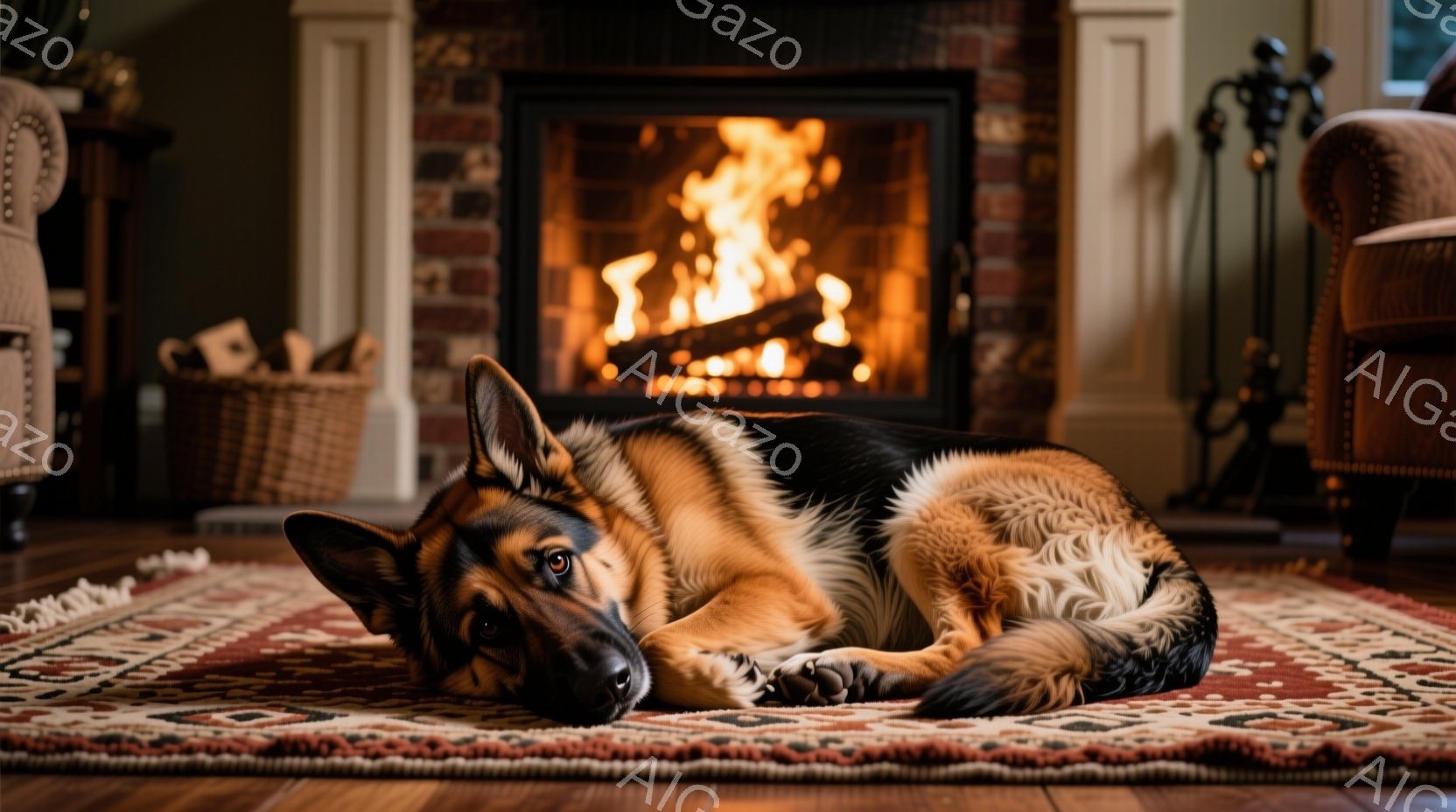 暖炉の前で、ドイツシェパードが絨毯の上で横たわっている。犬はリラックスした様子で、前足を伸ばし、頭を少し上げてこちらを見ている。背景にはレンガ造りの暖炉があり、炎が燃え盛り、暖かい家庭的な雰囲気を醸し - AI生成フリー素材