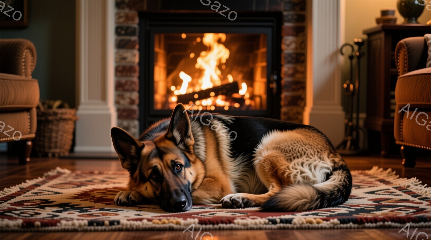暖炉の前に敷かれた絨毯の上で、ジャーマンシェパードが横たわっています。その犬はリラックスした表情で、落ち着いた姿勢でくつろいでいます。背景には暖炉があり、オレンジ色の炎が暖かく、部屋全体を温かい雰囲気 - AI生成フリー素材