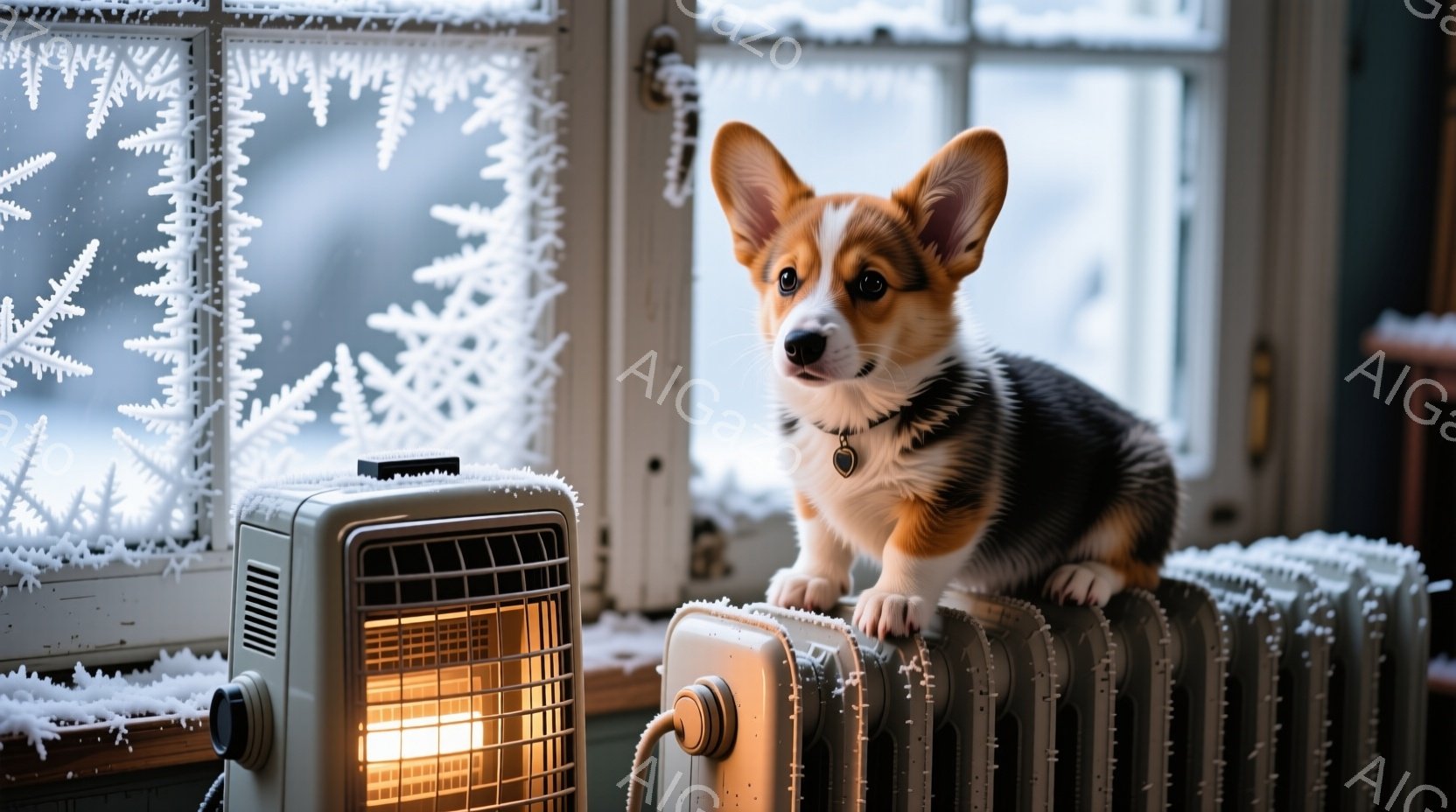 窓辺に雪の結晶が描かれ、室内には暖房器具とコルギ犬が写っている。コルギ犬は茶色と黒の毛並みで、首輪をつけ、暖房器具の上に立ってこちらを見ている表情は穏やかで可愛らしい。室内の雰囲気は冬の寒さを和らげる - AI生成フリー素材