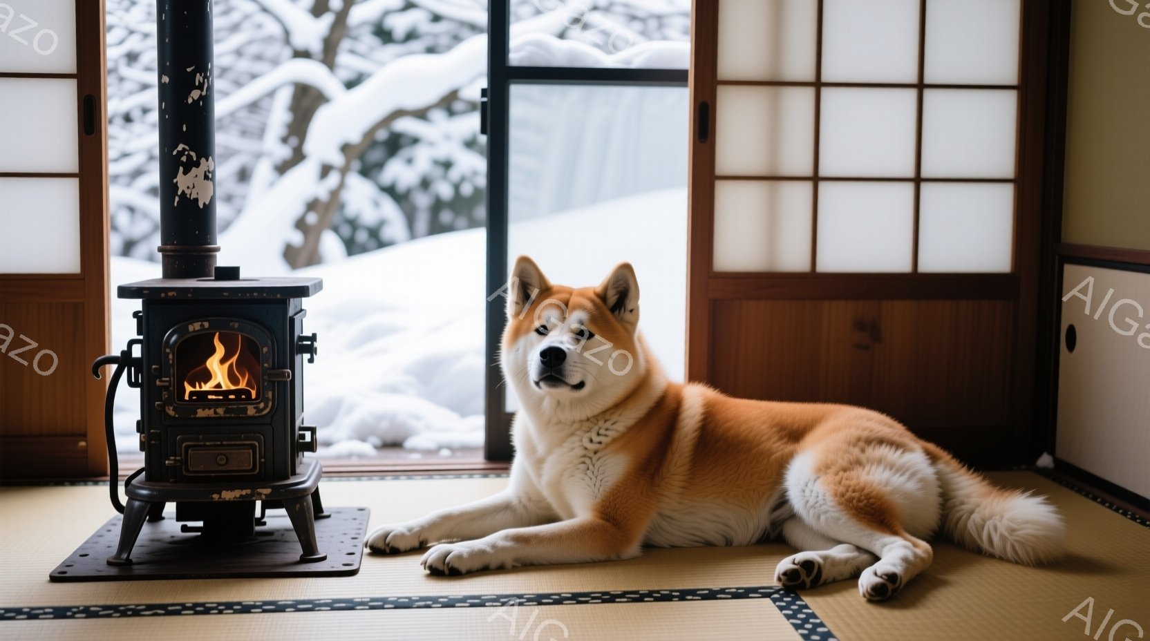 畳の上に秋田犬が横たわっており、近くには燃え盛るストーブが置かれている。窓の外には雪景色が広がり、木々が白く覆われている様子が伺える。部屋全体は暖かく落ち着いた雰囲気で、冬の静寂と犬の安らかな様子が感 - AI生成フリー素材