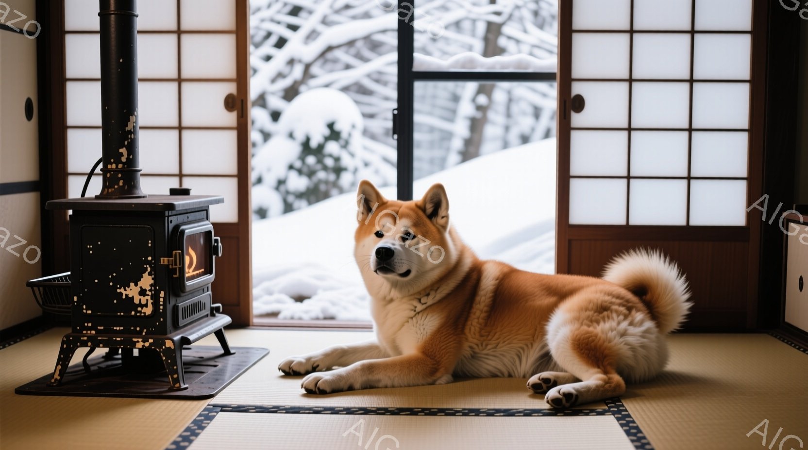 畳の上に秋田犬が横たわっており、暖炉がそのそばに置かれている。窓の外には雪景色が広がり、木々が雪に覆われているのが見える。部屋全体は温かく、落ち着いた雰囲気で、冬の静けさを感じさせる。 - AI生成フリー素材