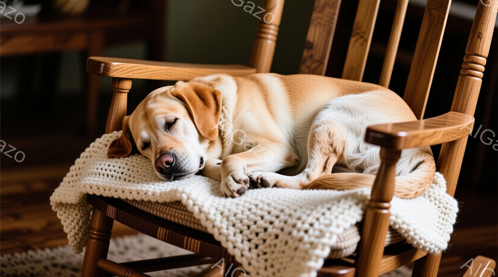 明るい茶色のラブレットがロッキングチェアに横たわって眠っています。ロッキングチェアにはオフホワイトの編み物のブランケットが敷かれており、犬はリラックスした表情で足を伸ばしています。背景はぼやけています - AI生成フリー素材