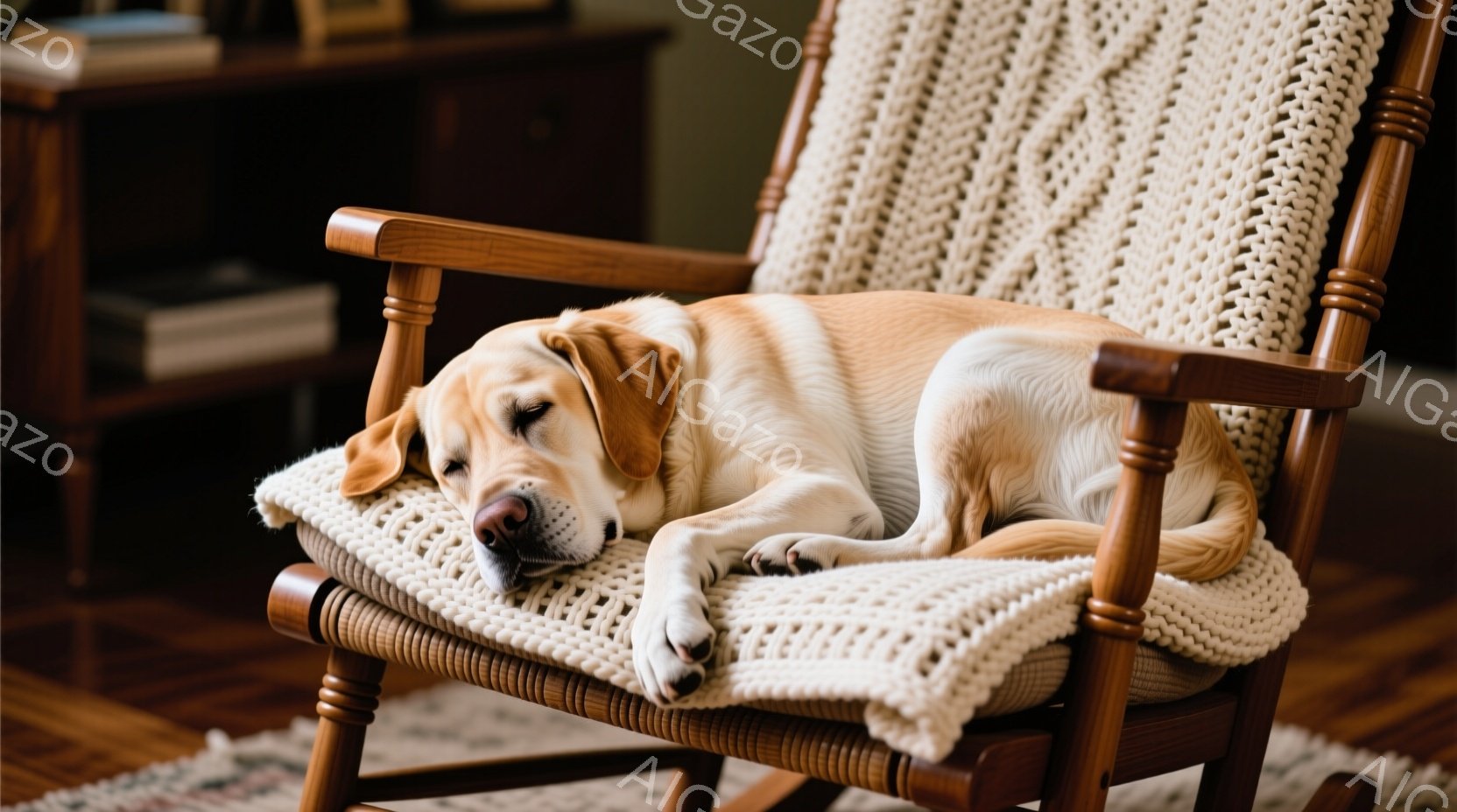 明るい茶色のラブラドール・レトリバーが、編み物のブランケットが掛けられたロッキングチェアで丸くなって眠っています。背景には木製のキャビネットが見え、床にはカラフルなラグが敷かれています。全体的に暖かく - AI生成フリー素材