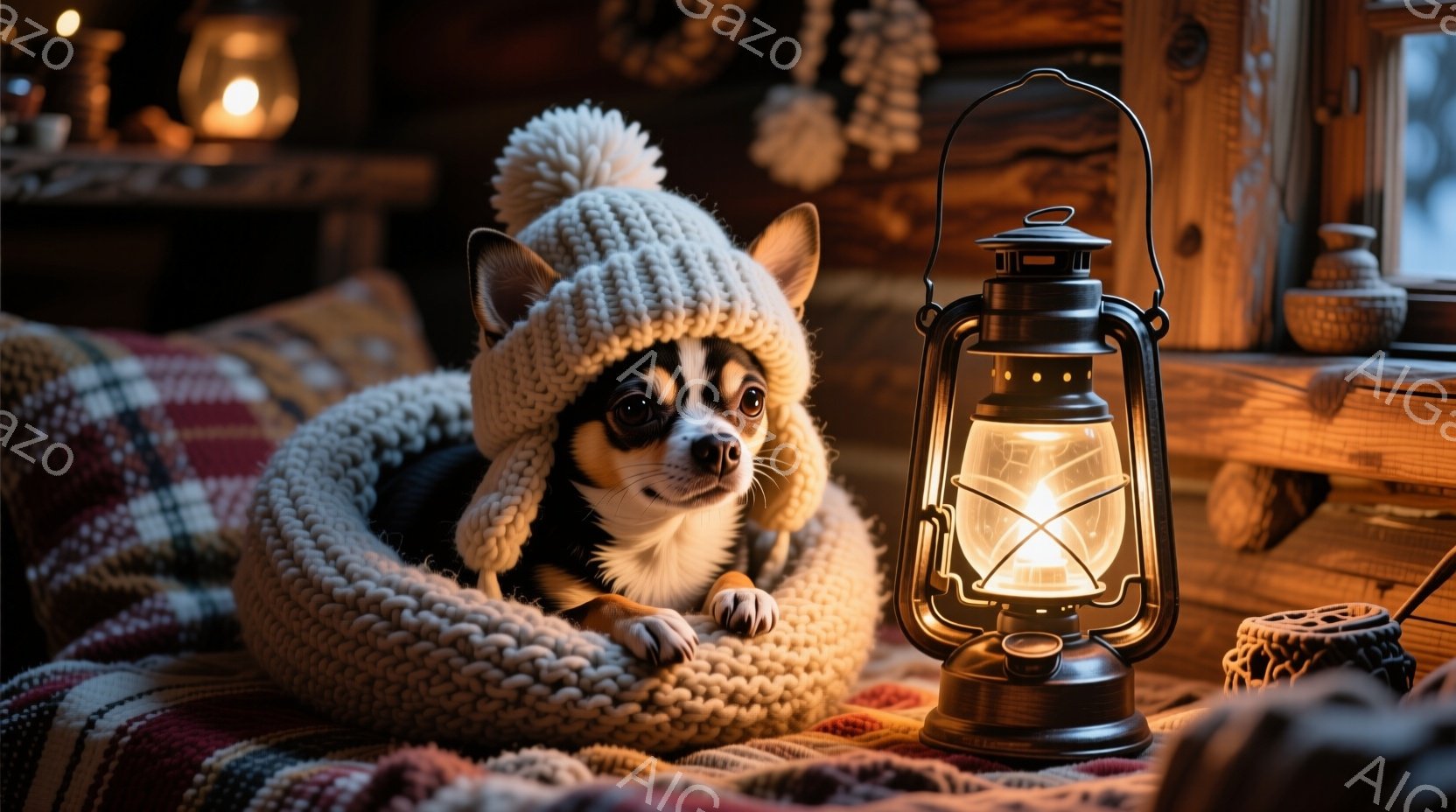 小さなチワワが、編み物の帽子とスカーフを身につけ、ふわふわの毛布に包まってリラックスしています。その表情は穏やかで、少し眠たげにも見えます。背景には、木製の壁と暖炉、そして雪景色が見え、全体的に温かく - AI生成フリー素材