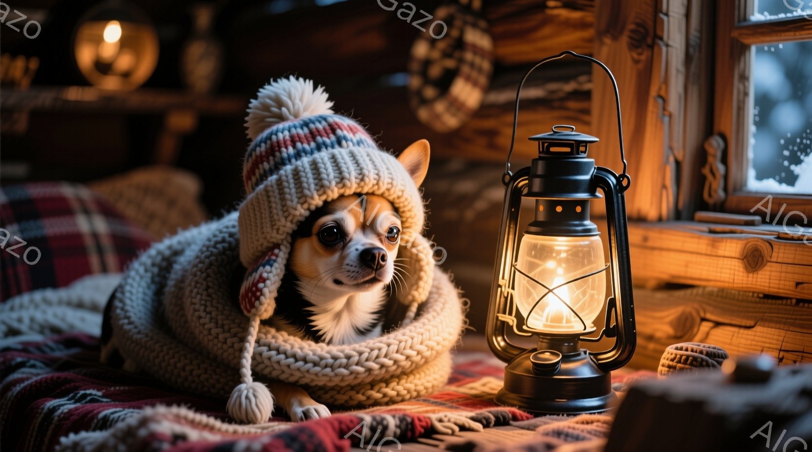 小さなチワワが、編み物の帽子とマフラーを身に着けて、赤いチェック柄のブランケットの上に横たわっています。その表情はどこか物憂げで、遠くを見つめています。背景には、木製の壁と窓の外の雪景色が見え、暖かく - AI生成フリー素材