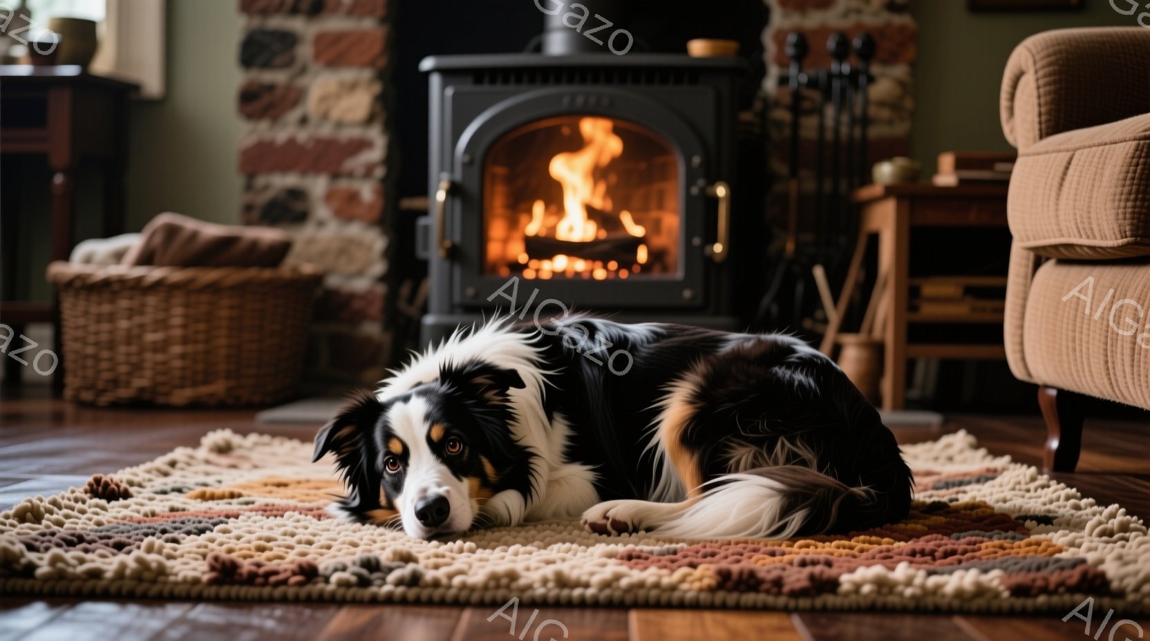 暖炉のそばに、黒と白のボーダーコリーが明るい色の織り地のラグの上に横たわっています。犬はリラックスした表情で、落ち着いた雰囲気を醸し出しており、暖炉の炎が温かい光を室内全体に広げています。背景には、レ - AI生成フリー素材