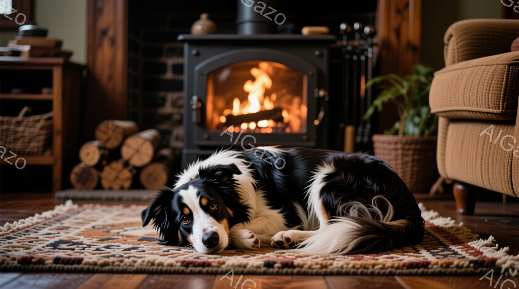 黒と白のボーダーコリーが、カラフルなラグの上に横たわってリラックスしています。背景には暖炉があり、炎が燃え盛っています。部屋全体が温かく、居心地の良い雰囲気で満たされています。 - AI生成フリー素材