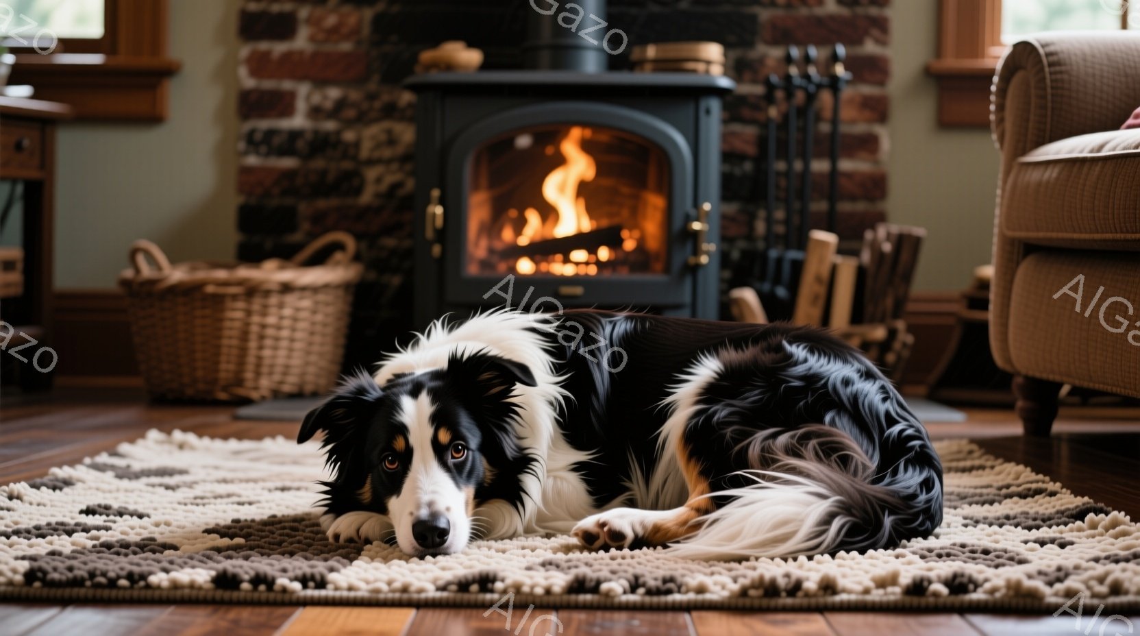 ボーダーコリーが、明るい色合いのラグの上に横たわっており、穏やかな表情でこちらを見ている。背景にはレンガの暖炉と薪、そして籐のバスケットが見え、部屋全体が暖かく居心地の良い雰囲気である。床は木製で、暖 - AI生成フリー素材