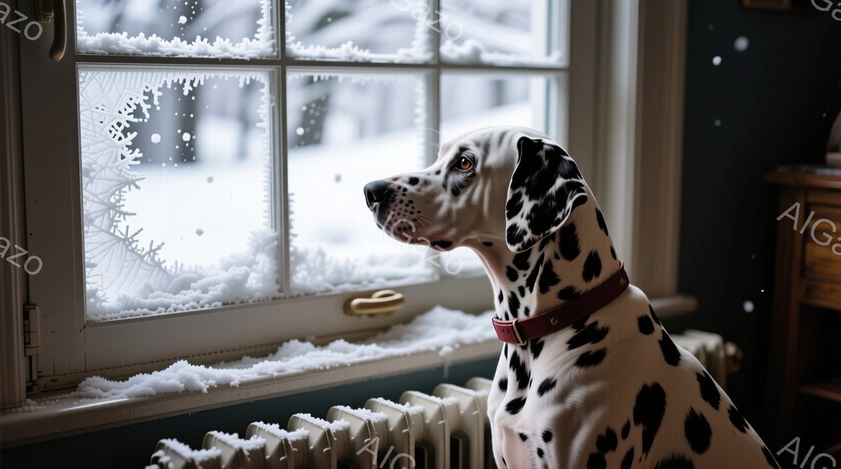白地に黒い斑点模様のダルメシアンが、窓の外の雪景色をじっと見つめている。窓枠には霜が降り積もり、暖房器具のラジエーターも雪で覆われていることから、外は厳しい冬の寒さであることがわかる。暖かく落ち着いた - AI生成フリー素材
