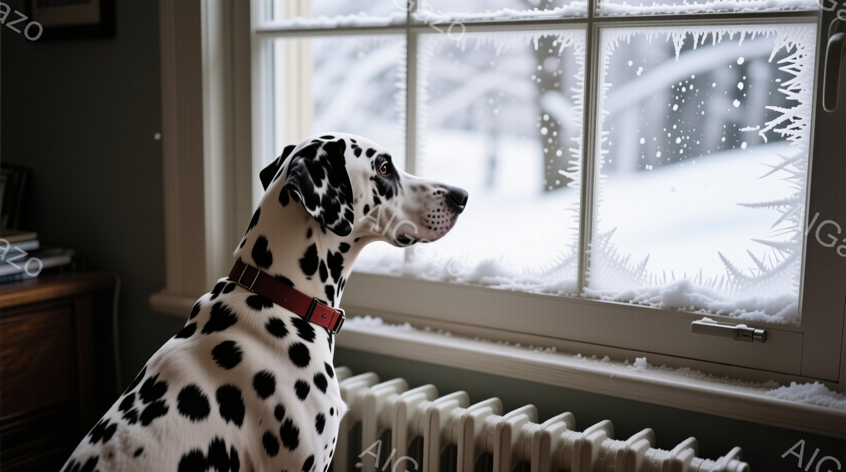 白地に黒い斑点模様のダルメシアンが、雪景色を眺める窓辺に立っている。窓ガラスには霜が降りており、外は雪が降り積もった静かな冬の風景が広がっている。暖房器具が下に見える室内は暖かく、ダルメシアンは落ち着 - AI生成フリー素材