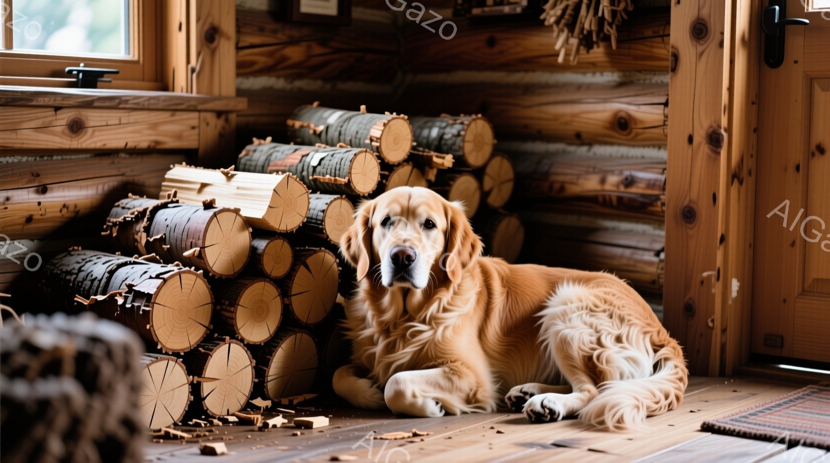 明るい木製の壁のそばに、ゴールデンレトリバーがリラックスして横たわっています。暖炉の薪が積み上げられ、床には木のチップが散らばっています。温かみのある室内と犬の穏やかな表情が、落ち着いた雰囲気を醸し出 - AI生成フリー素材