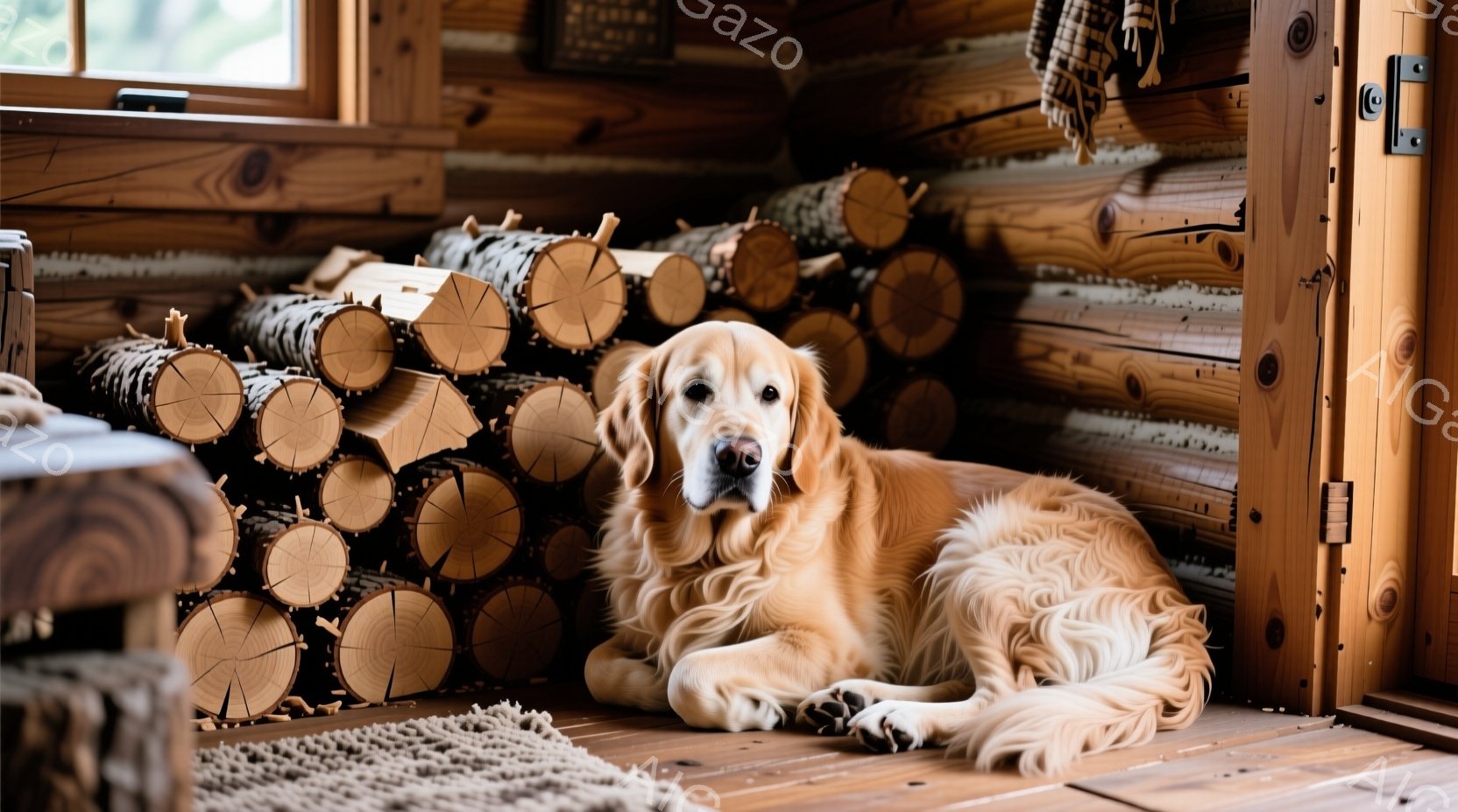 ゴールデンレトリバーが木のストーブのそばの床に横たわっています。犬はリラックスした表情で正面を見ており、明るい毛並みが暖かな光の中で輝いています。背景には薪が積み重ねられ、木の壁と床が素朴な雰囲気を醸 - AI生成フリー素材