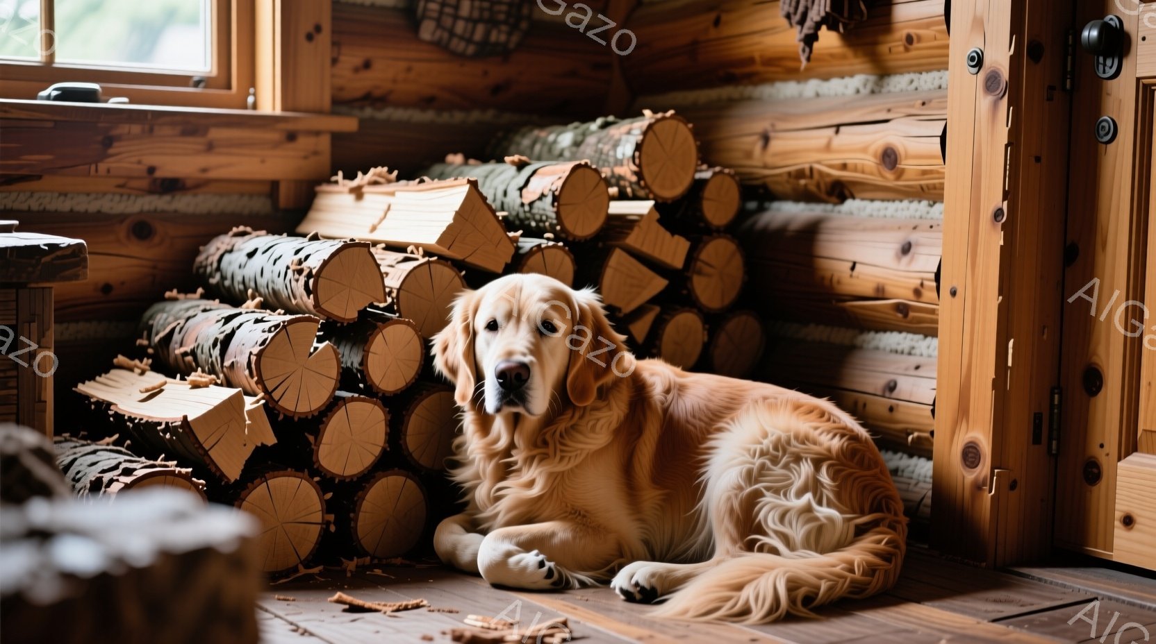 ゴールデンレトリバーが木の床に座り、リラックスした表情で正面を見つめている。背景には薪が積み上げられた壁と、木製のドアがあり、暖炉のあるキャビンのような室内であることがわかる。全体的に暖かく、穏やかな - AI生成フリー素材