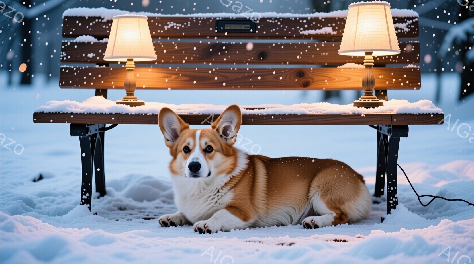 雪景色の中に茶色と白のコーギー犬が、雪の積もった木製のベンチに横たわっています。ベンチの両脇には暖かく光るランプが置かれ、犬の顔はリラックスした表情で正面を向いています。背景は雪に覆われた自然で、穏や - AI生成フリー素材