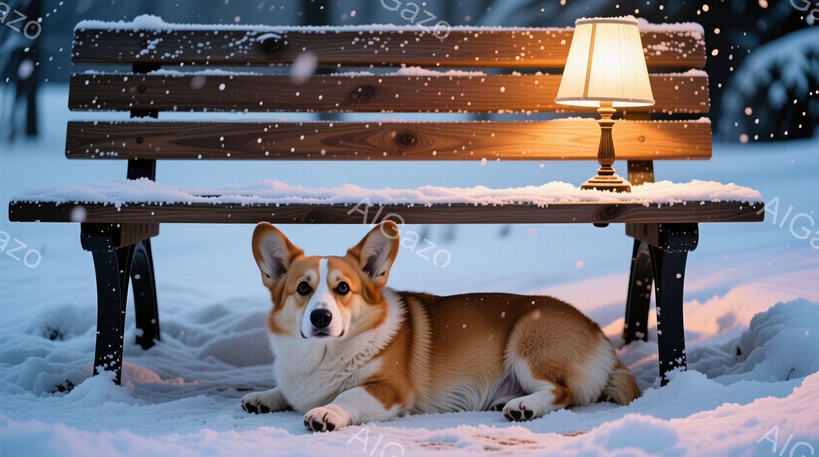 雪が降る中、コルギ犬が雪に覆われたベンチの前に横たわっています。犬は明るい茶色と白の毛並みで、穏やかな表情で正面を見ています。背景は雪景色で、遠くにはぼんやりと建物が見え、ベンチの上には温かい光を放つランプが置かれています。