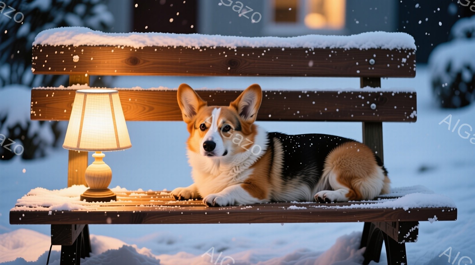 雪が降る中で、コーギー犬が雪で覆われた木製のベンチに横たわっています。犬は明るい表情で、右側に置かれた小さなテーブルランプの温かい光に照らされています。背景には、雪に覆われた木々やぼやけた建物が見え、 - AI生成フリー素材