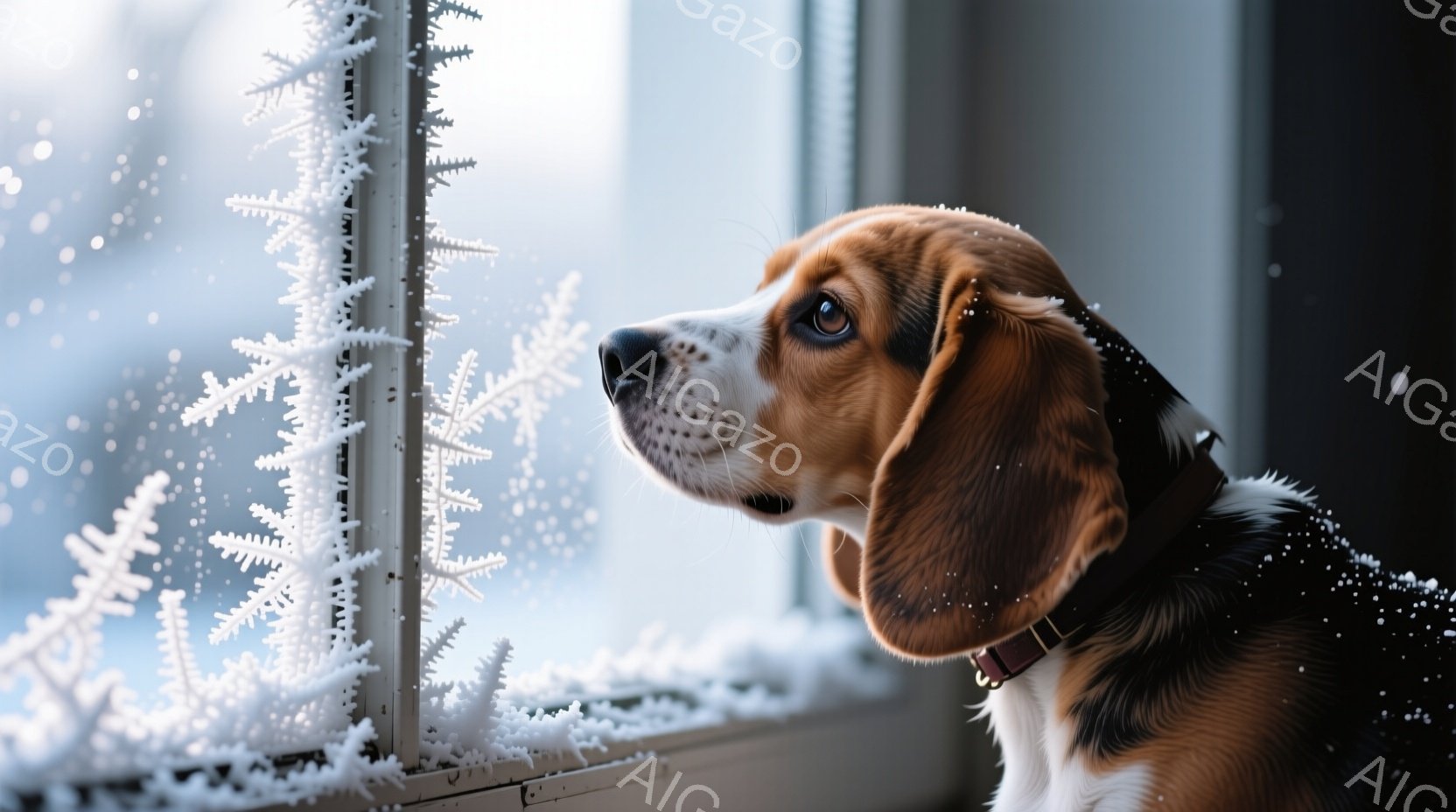 白い雪の結晶が窓に付着し、その向こうにぼやけた景色が見える中で、茶色と白のビーグル犬が外を見つめている。犬は茶色の首輪をつけており、少し上向きに顔を傾け、興味津々とした表情で雪景色を眺めている。全体的 - AI生成フリー素材