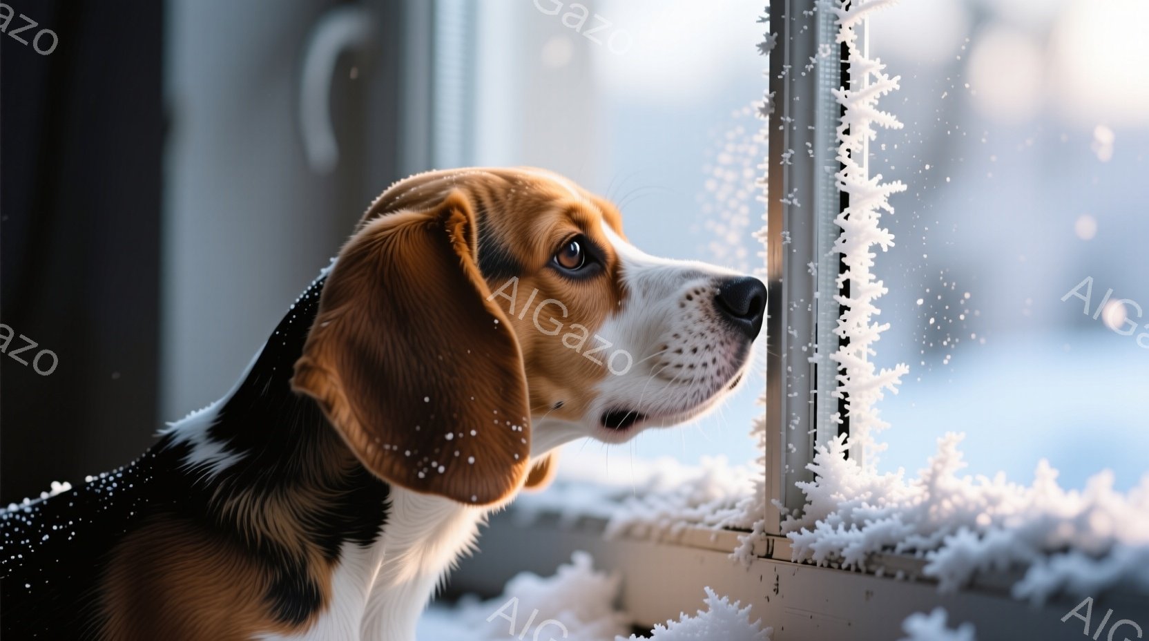 ビーグルの犬が窓の外をじっと見つめています。窓ガラスには雪の花が咲き、外は雪景色であることがわかります。犬は落ち着いた表情で、冬の静けさの中で暖かく過ごしているようです。 - AI生成フリー素材