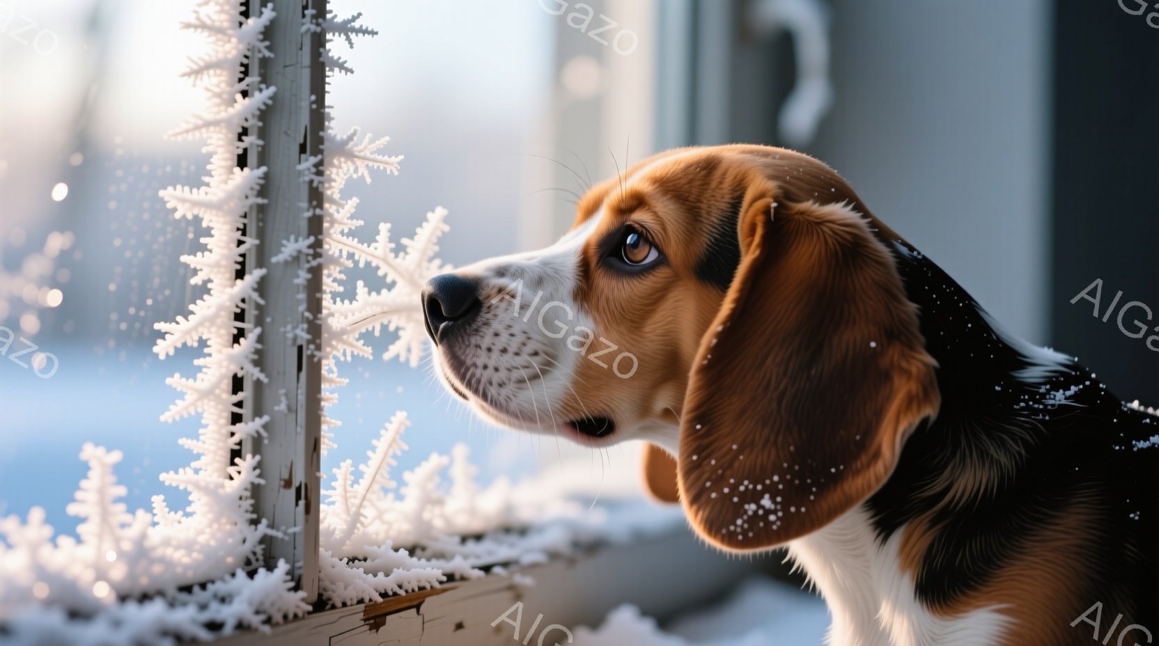 窓辺にビーグルの犬が写っており、外の雪景色をじっと見つめている。窓ガラスには霜が降りており、犬の鼻先にも雪が付着していることから、極寒の冬の日の光景であることがわかる。暖色系の毛並みと、どこか寂しげな - AI生成フリー素材