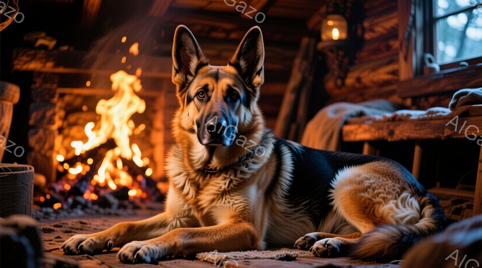 暖炉の前で横たわるジャーマンシェパードが写っている。毛並みは滑らかで、目は穏やかだが、どこか鋭い光を宿している。背景には木製の壁と家具が見え、暖かく落ち着いた雰囲気で、冬の夜の静けさが感じられる。