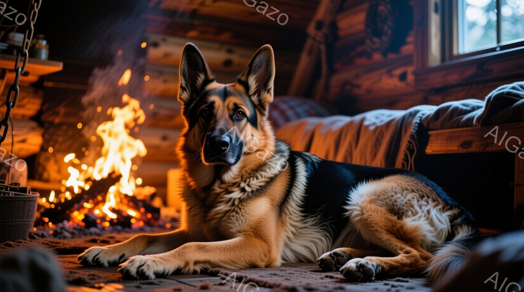 暖炉の前で、ドイツシェパードがリラックスして横たわっています。その毛並みは光沢があり、黒と茶色のコントラストが美しいです。背景には木製の壁と暖炉があり、温かく居心地の良い雰囲気が漂っています。