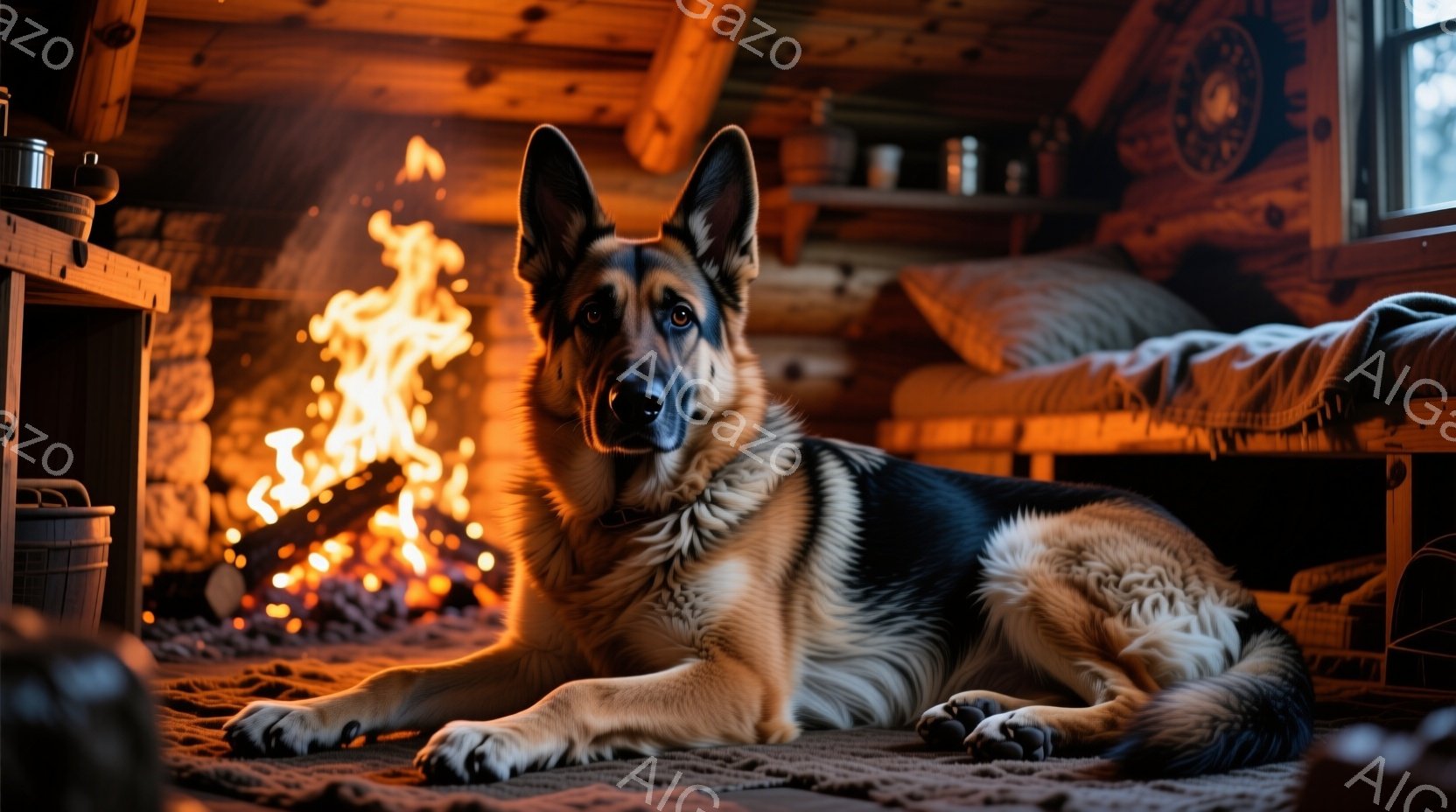 暖炉の前で横たわるジャーマンシェパードが写っています。毛並みは美しく、落ち着いた表情で正面を見ています。背景には木の壁と棚、そして暖炉の炎が映り込み、温かくリラックスした雰囲気が漂っています。 - AI生成フリー素材