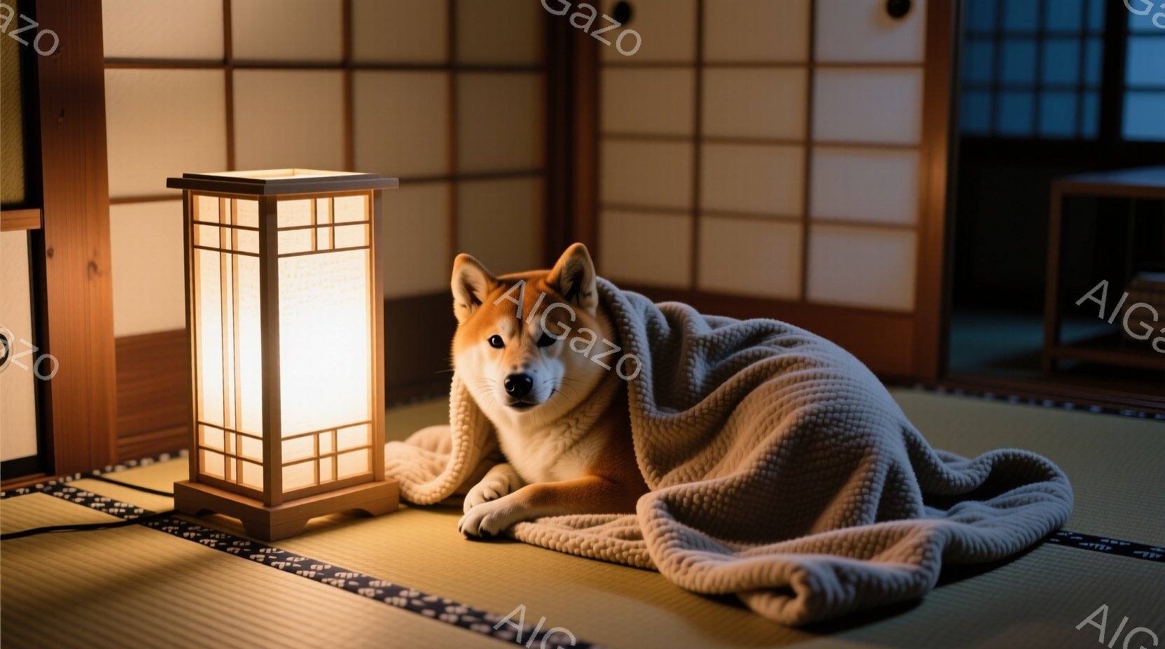 畳の上に柴犬が毛布にくるまって横たわっています。温かい光を放つ提灯が犬のそばに置かれており、部屋全体が落ち着いた雰囲気に包まれています。障子戸と薄暗い室内は、日本の伝統的な空間を思わせ、リラックスした - AI生成フリー素材